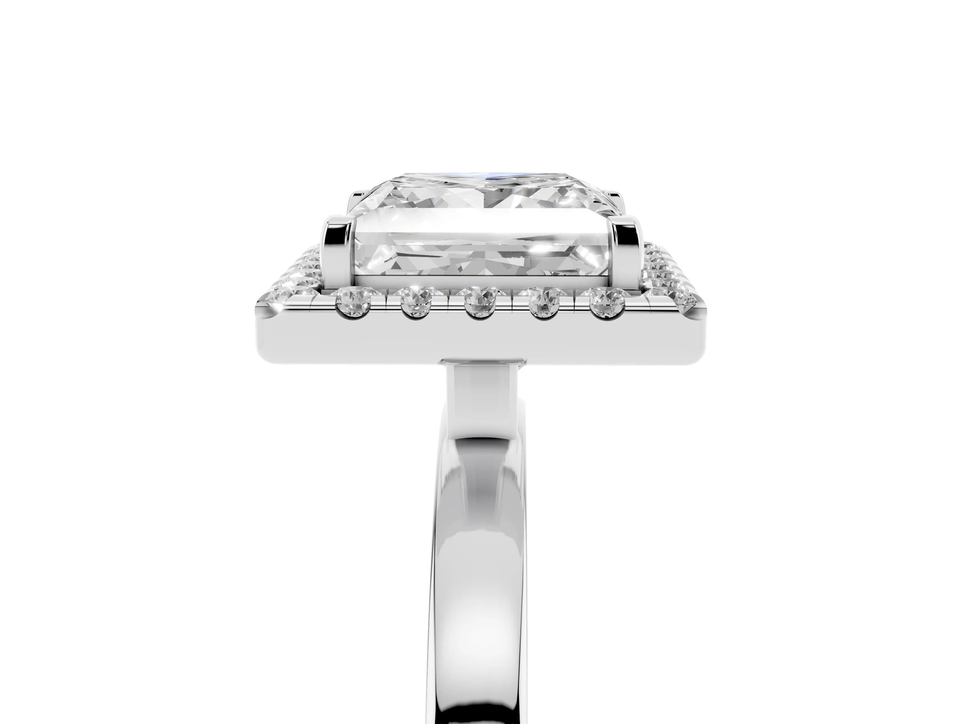 Princess Cut Diamond Halo Solitaire Ring Set in Platinum with Pavé Band and Prong Setting