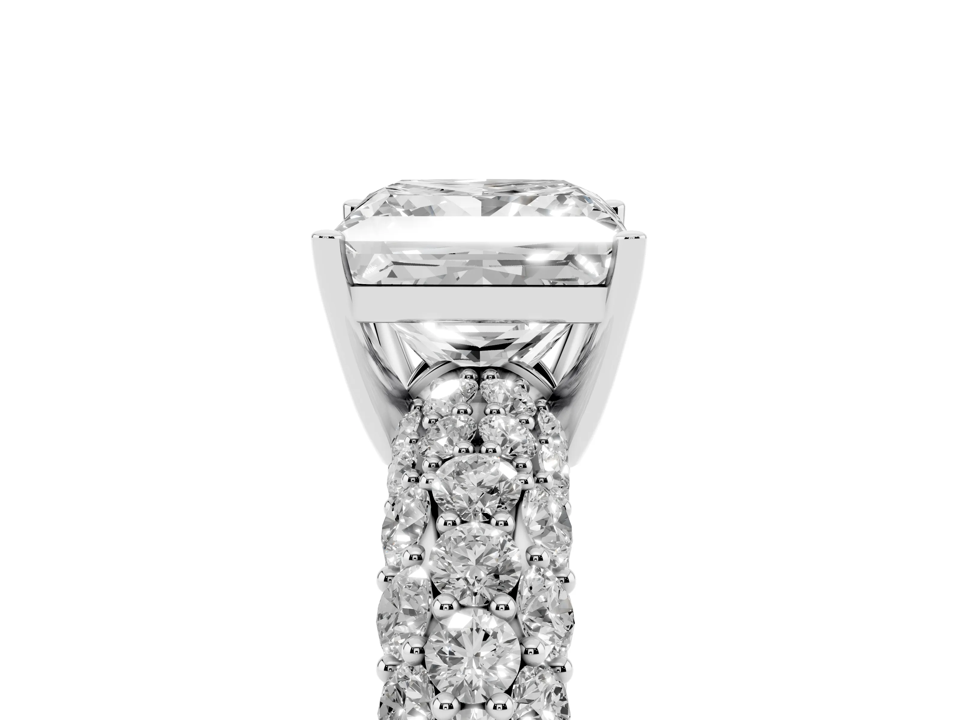 Princess Cut Diamond Pavé Band Solitaire Ring Set in White gold with Close-Set Accent Stones and Prong Setting