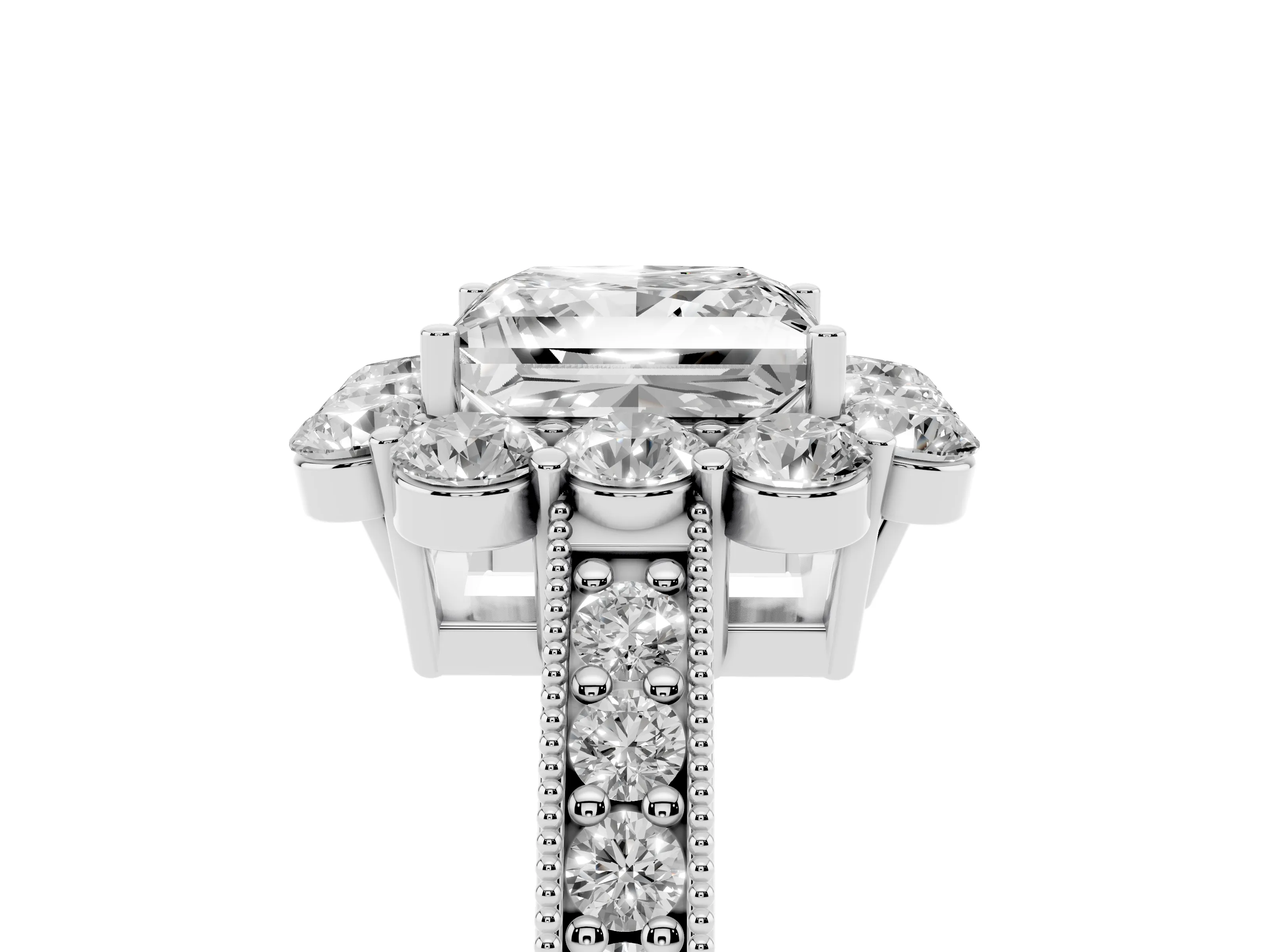 Princess Cut Diamond Halo Pavé Engagement Ring Set in White gold with Milgrain Detailing