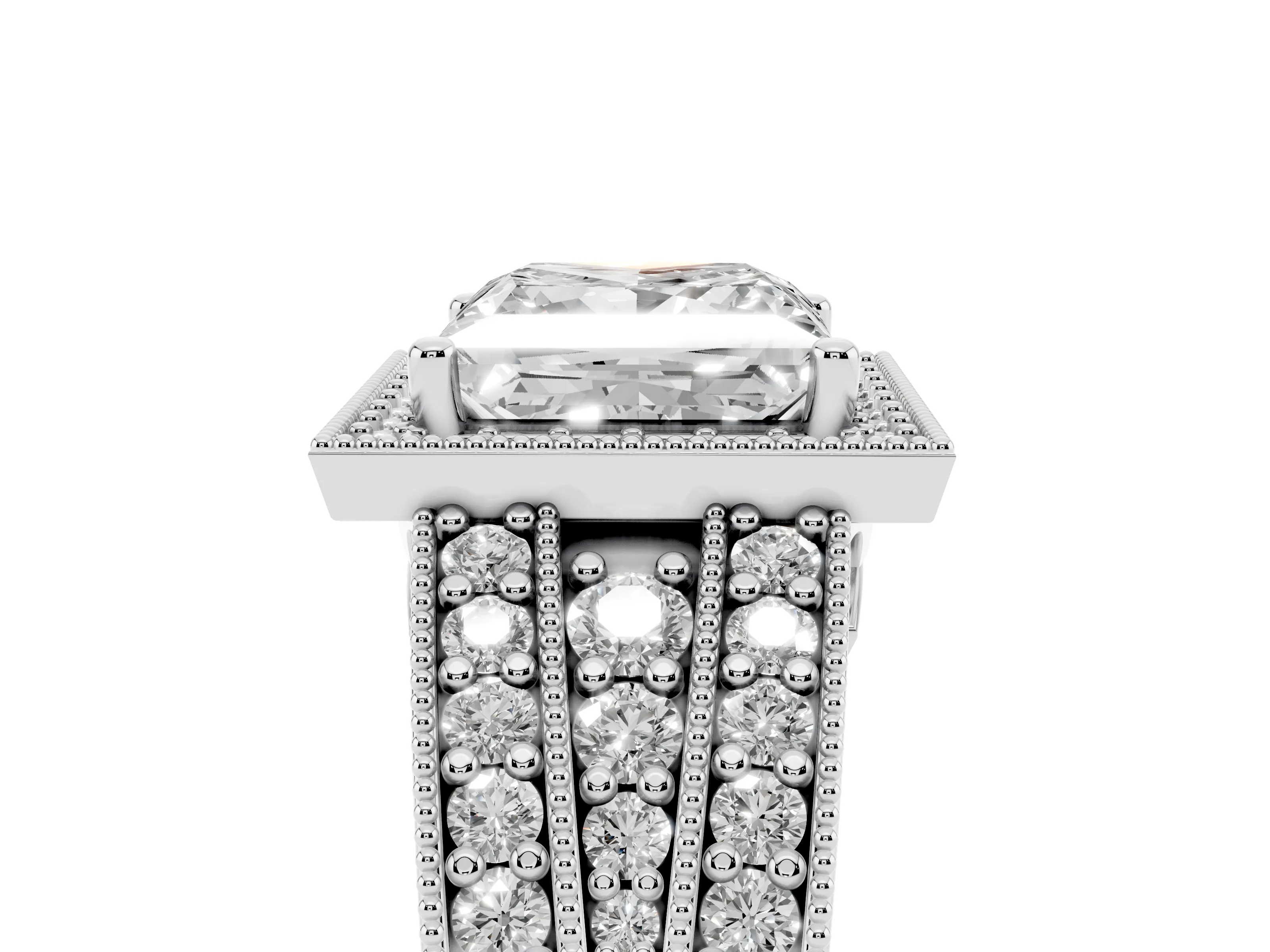 Princess Cut Diamond Halo Ring Set in White gold with Accent Split Shank and Prong Setting