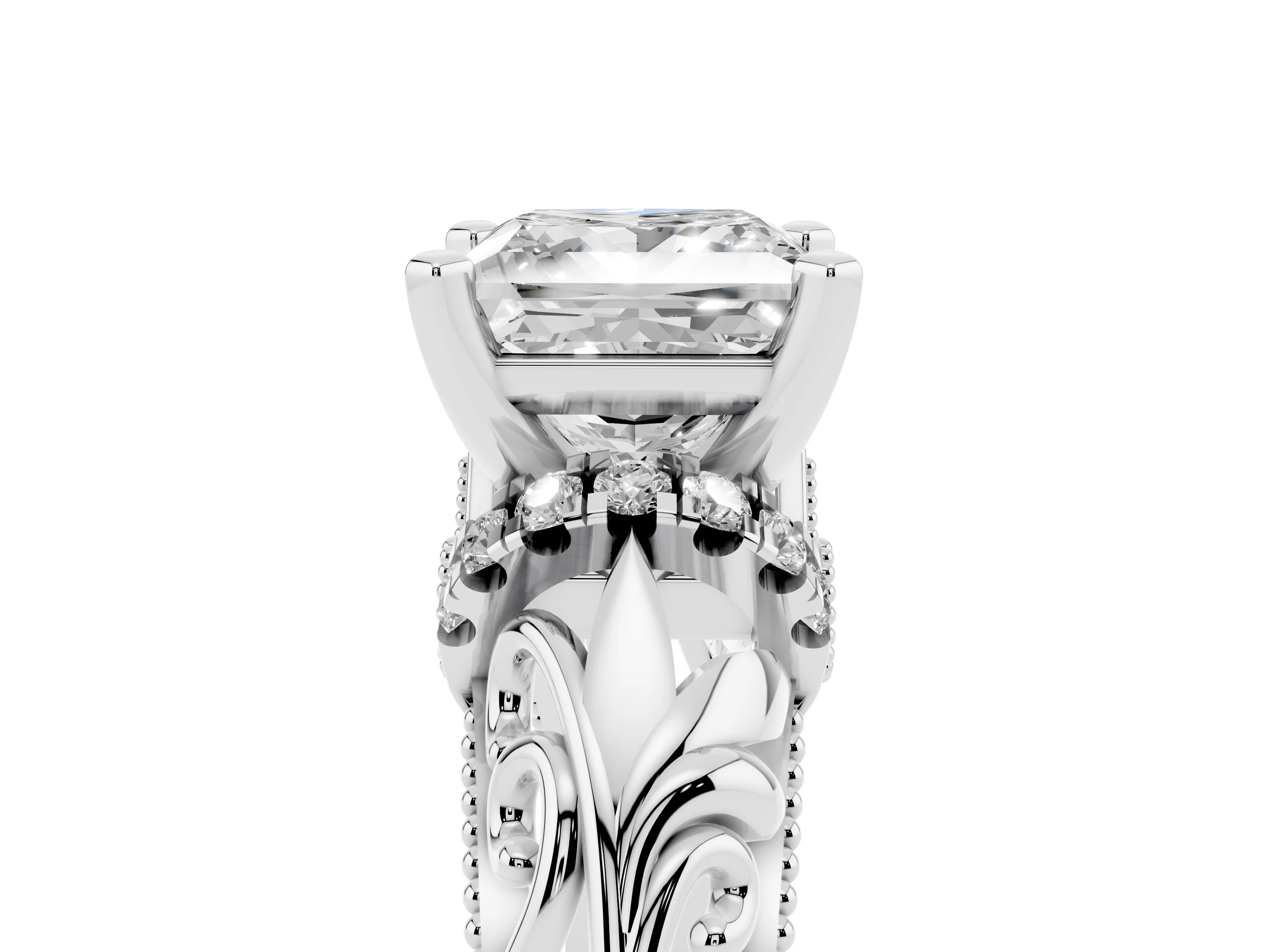 Princess Cut Diamond Filigree Halo Engagement Ring Set in Silver with Prong Setting