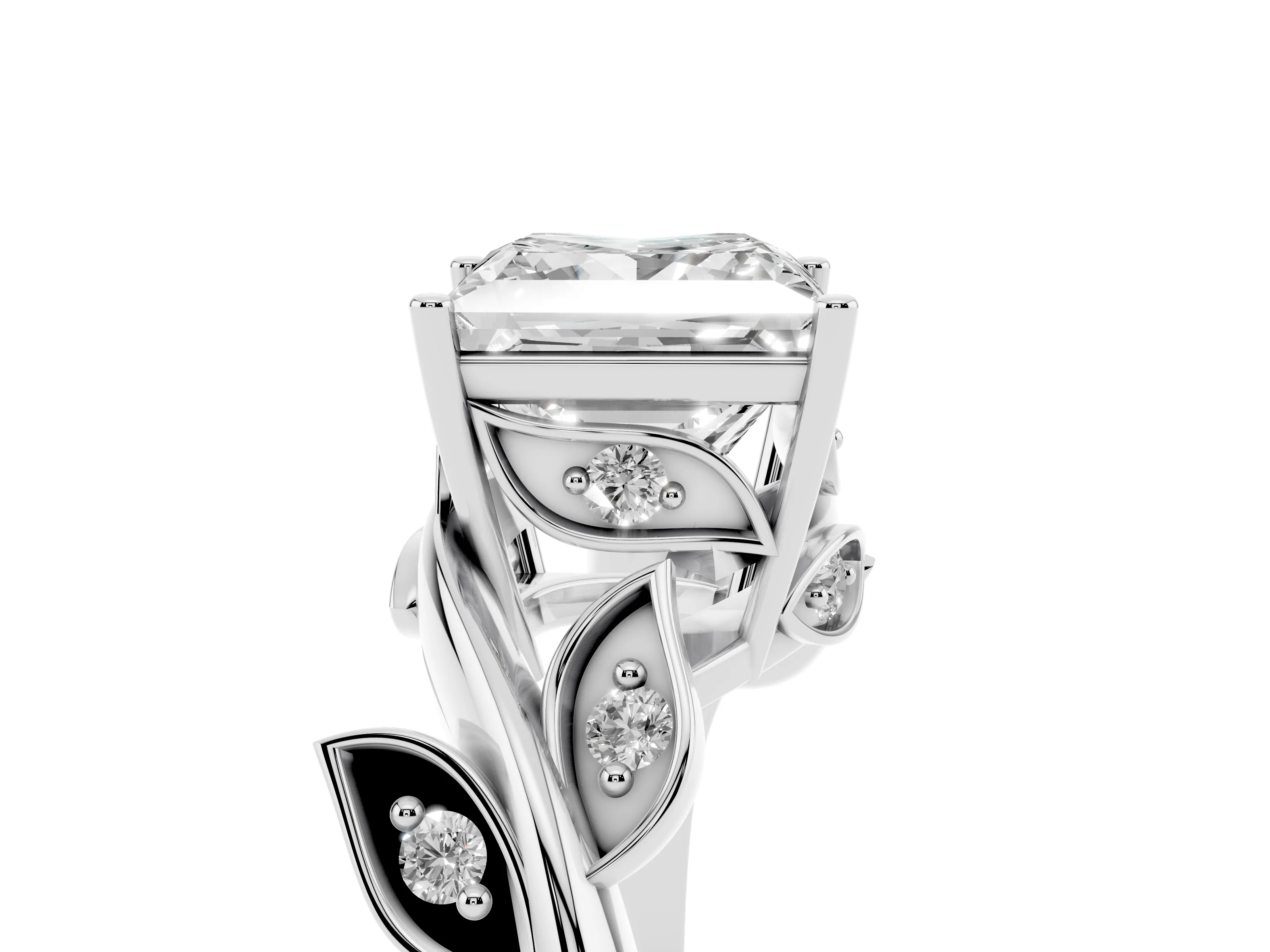 Princess Cut Diamond Solitaire Twist Engagement Ring Set in Silver with Pavé Leaf Accents