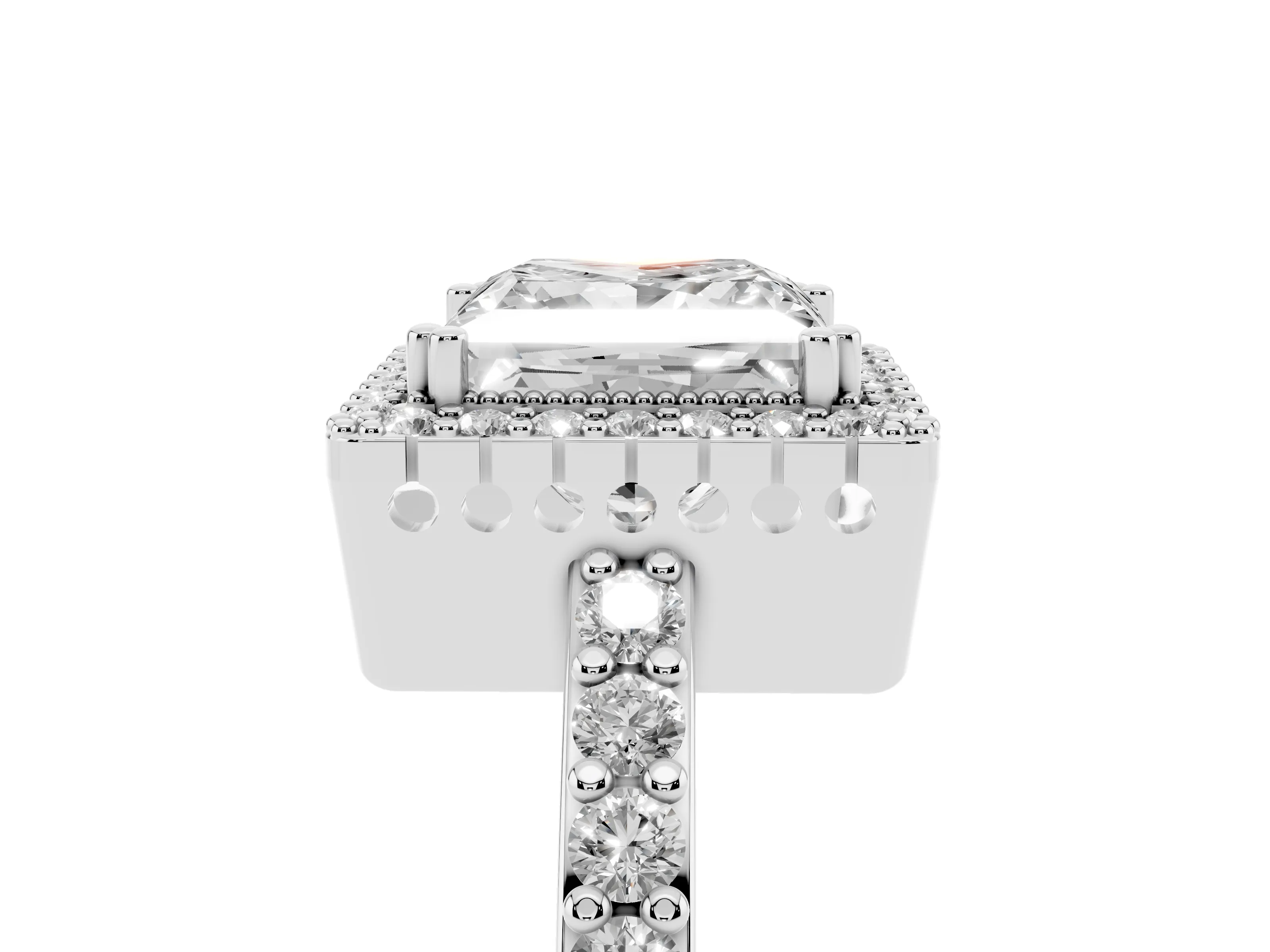 Princess Cut Diamond Halo Engagement Ring Set in White gold with Milgrain Detail and Pavé Band