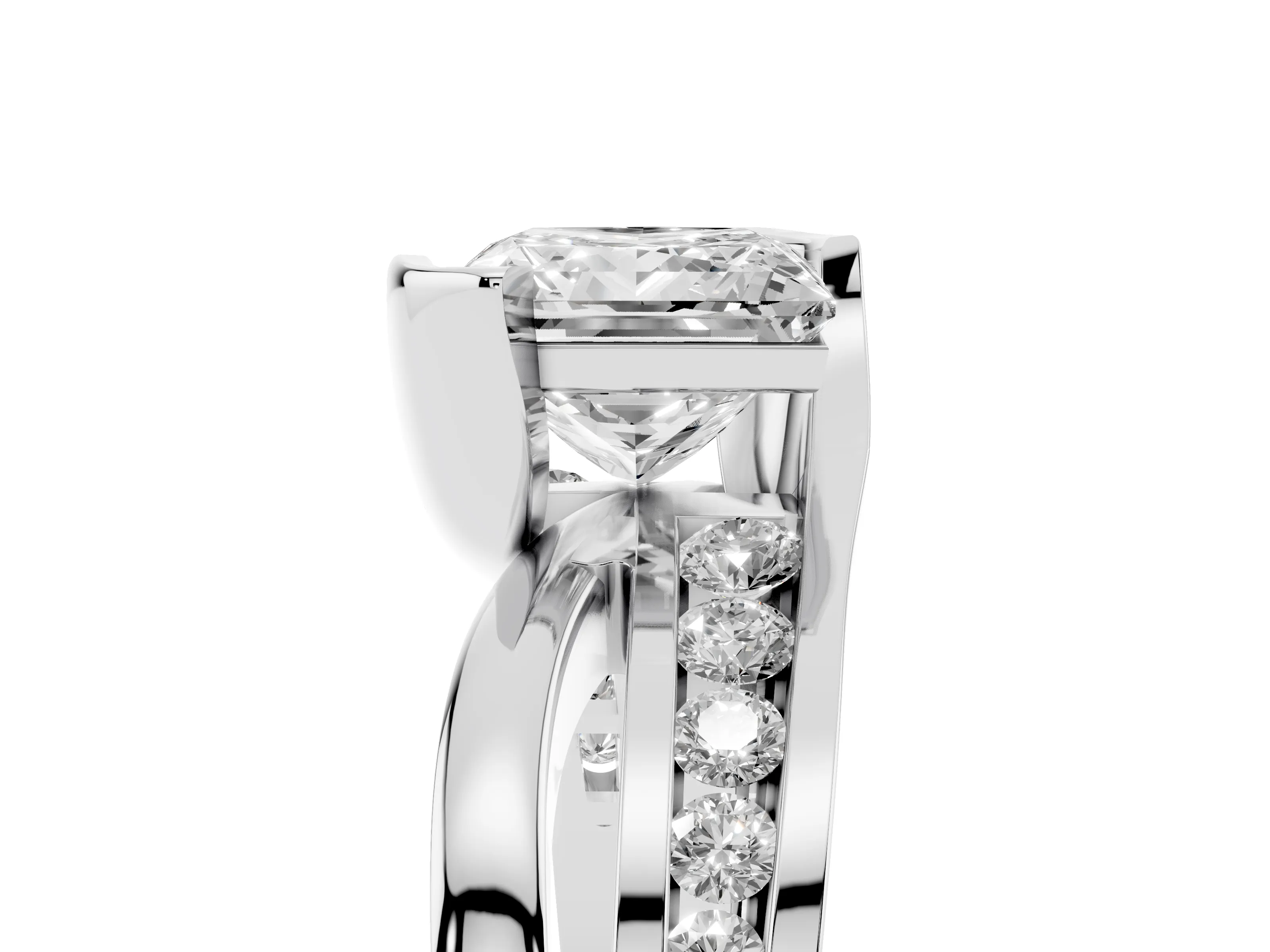 Princess Cut Diamond Solitaire Ring Set in Platinum with Channel Set Split Shank and Tension Prongs