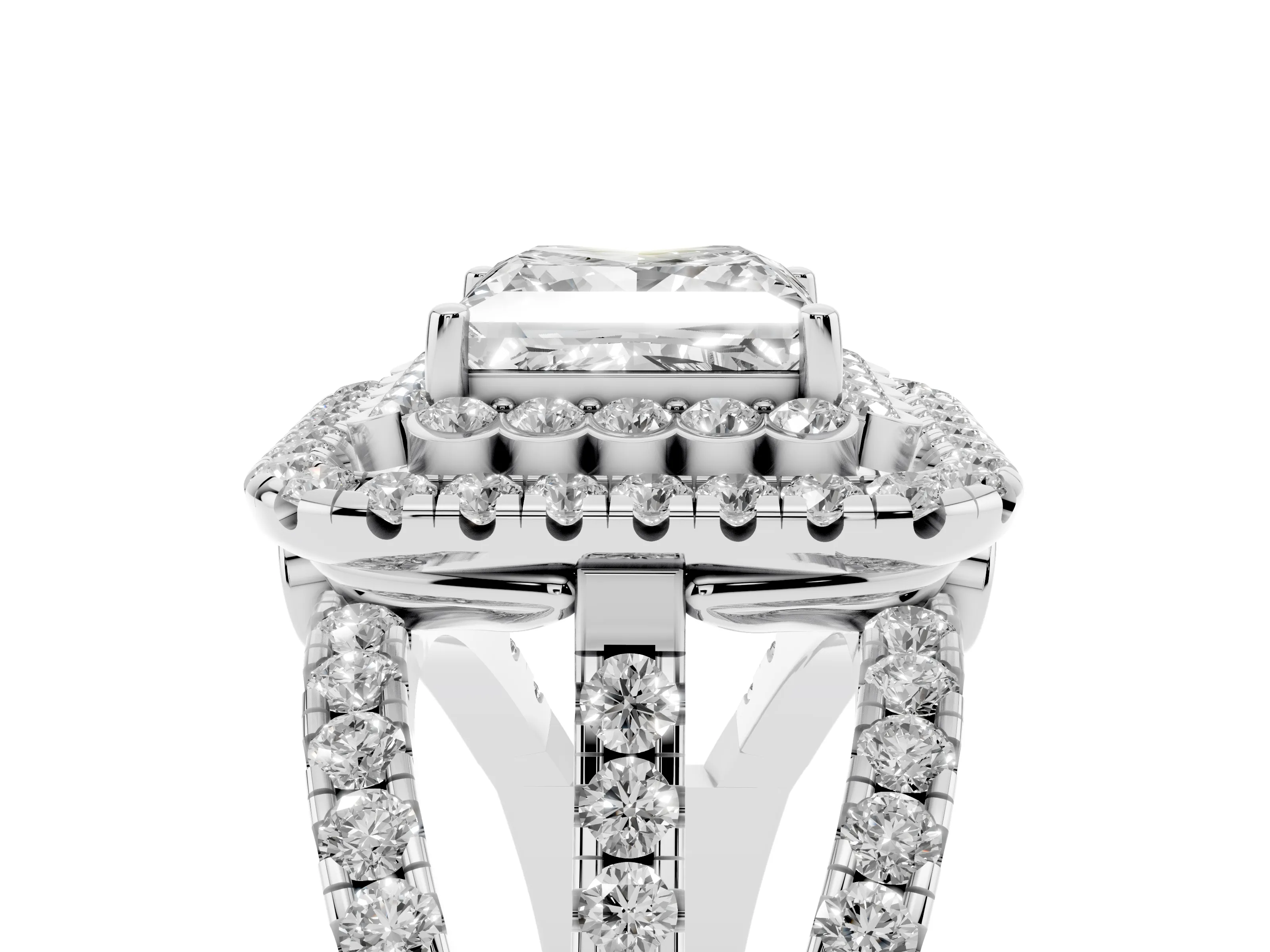 Princess Cut Diamond Double Halo Ring Set in White gold with Round Pavé Split Shank