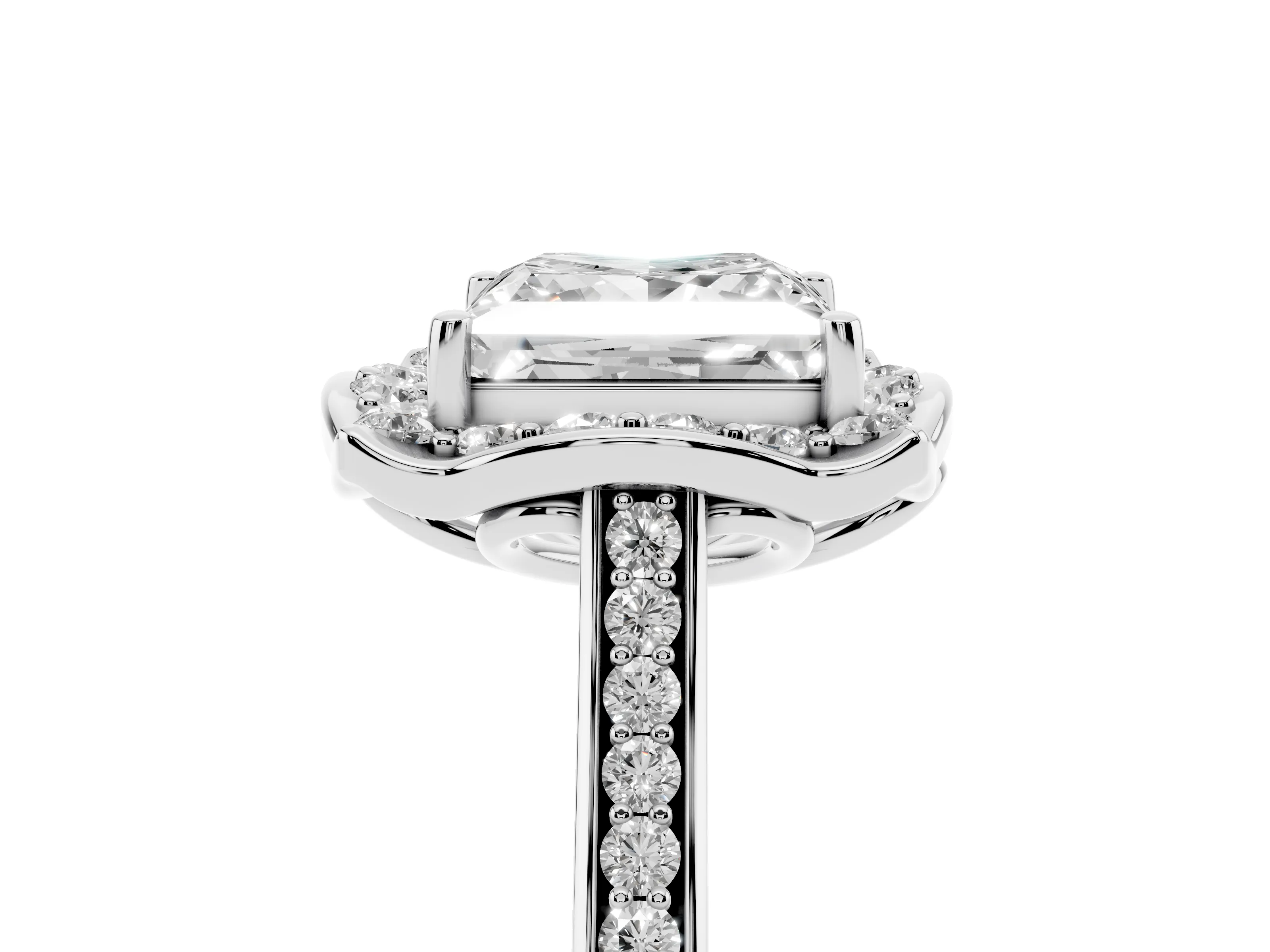 Princess Cut Diamond Halo Ring Set in Silver with Pavé-Lined Shoulders and Prong Setting