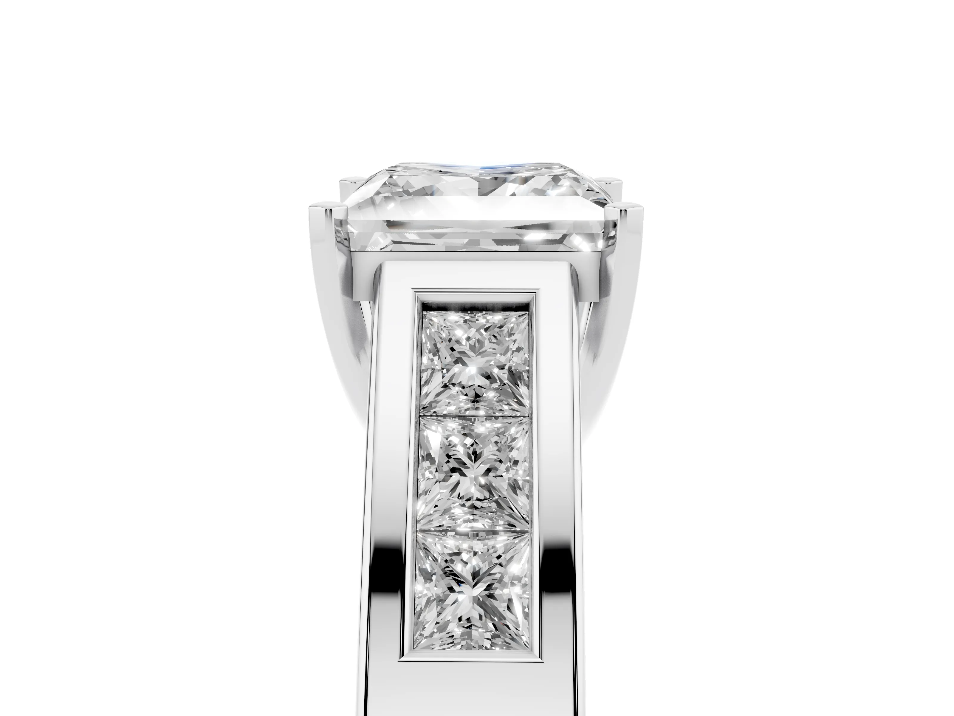 Princess Cut Diamond Solitaire Ring Set in Silver with Channel-Set Accent Stones and Prong Setting