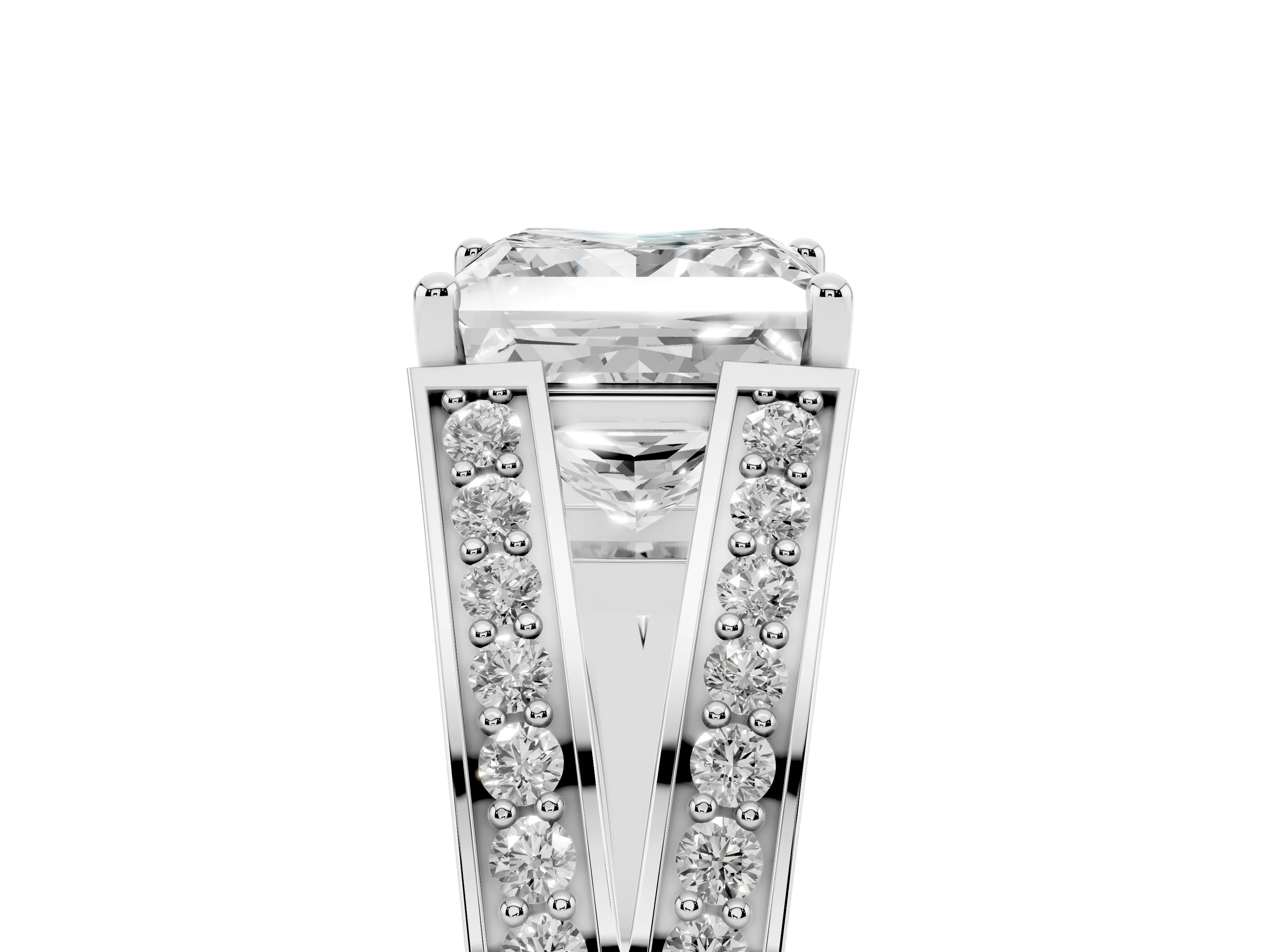 Princess Cut Diamond Split Shank Ring Set in Platinum with Pavé Band and Prong Setting