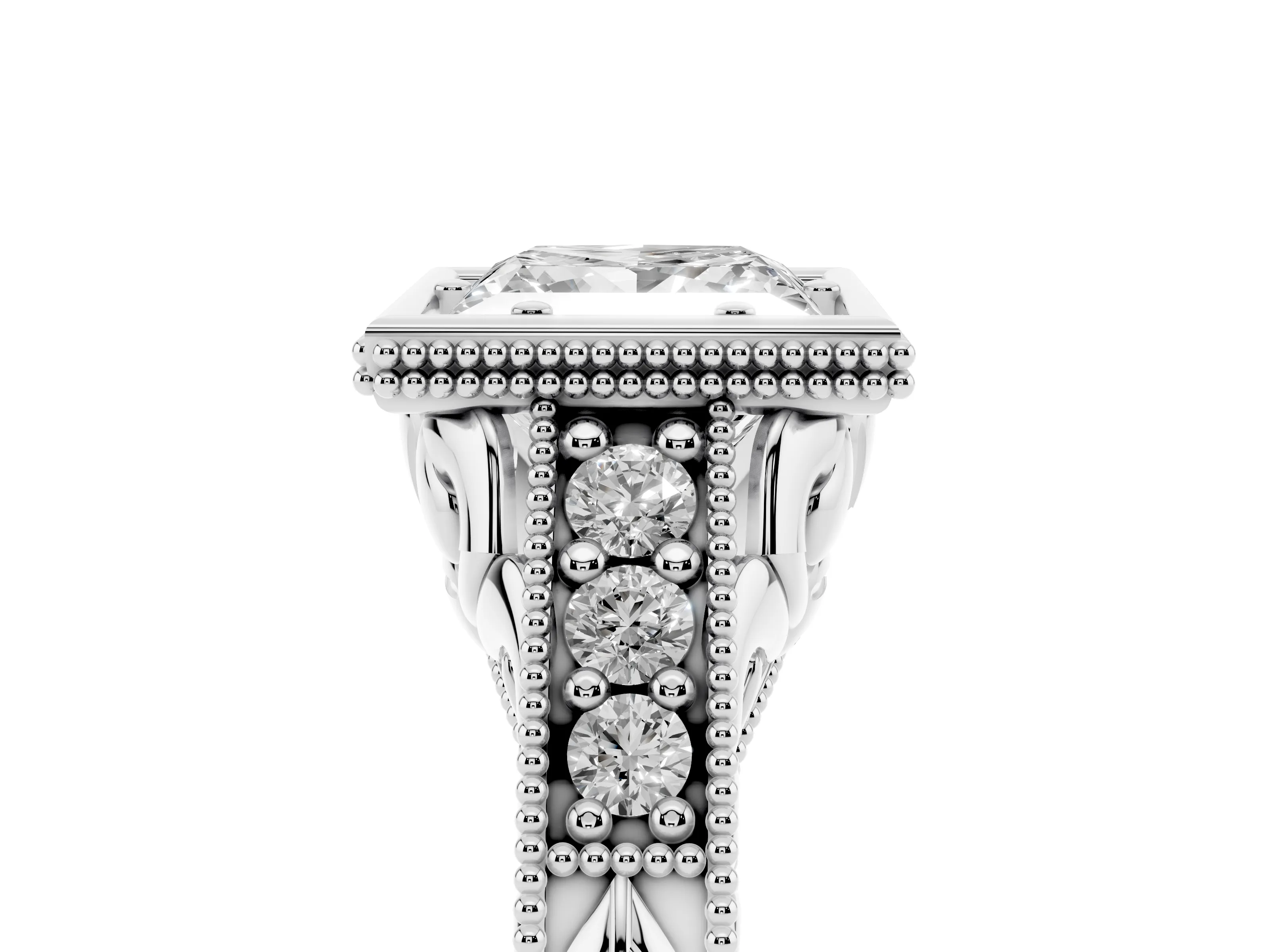 Bezel Set Princess Cut Diamond Milgrain Pavé Engagement Ring Set in Platinum