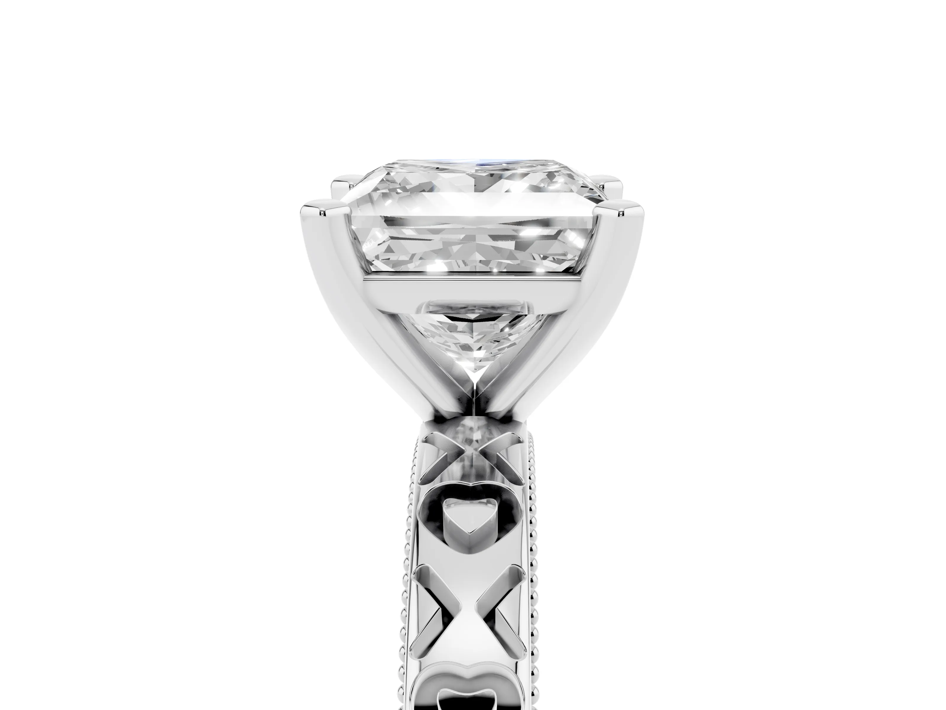 Princess Cut Diamond Solitaire Engagement Ring Set in White gold with XO Engraved Band and Prong Setting