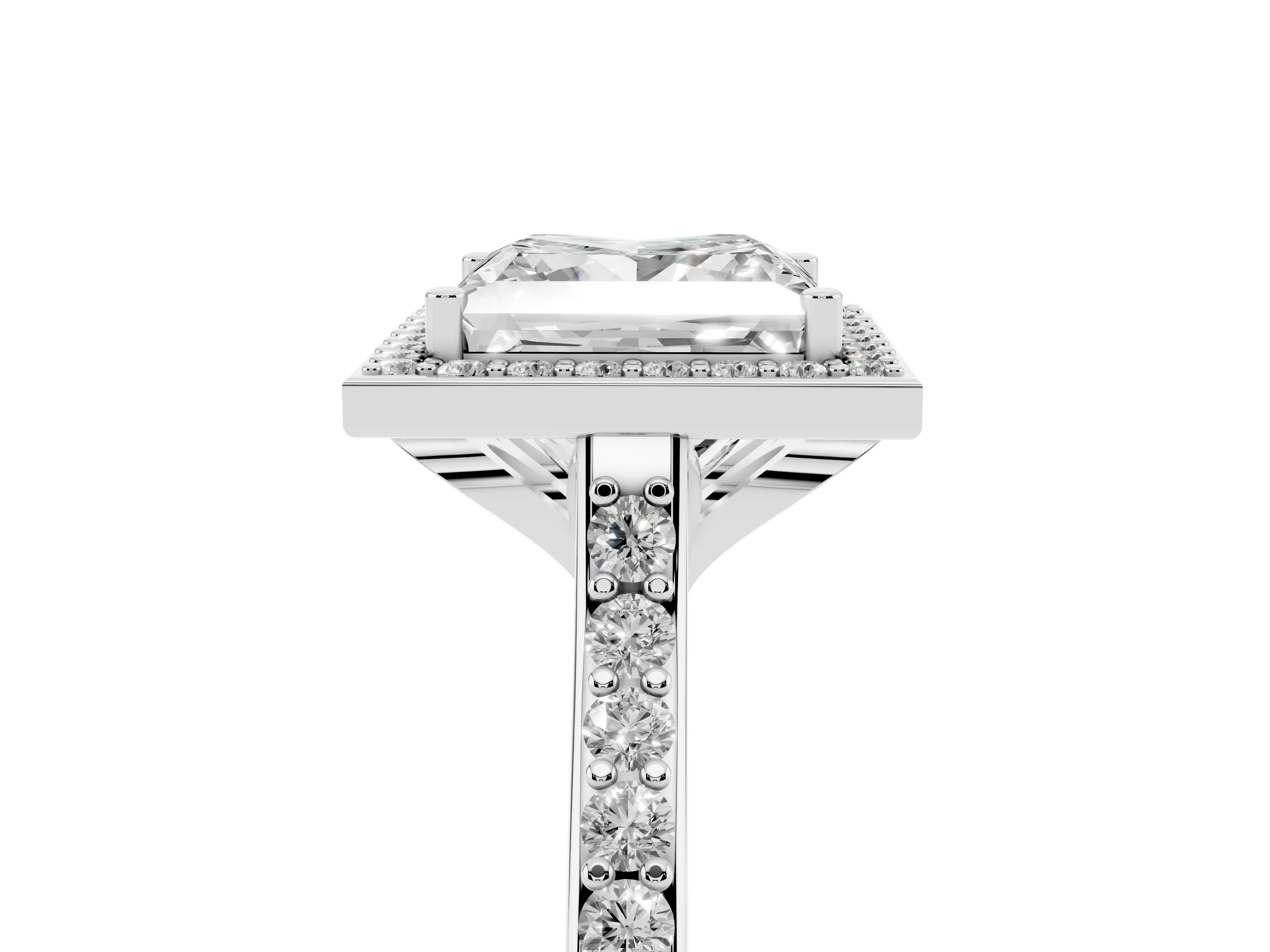 Princess Cut Diamond Halo Engagement Ring Set in White gold with Round Pavé Shoulders and Heart Gallery
