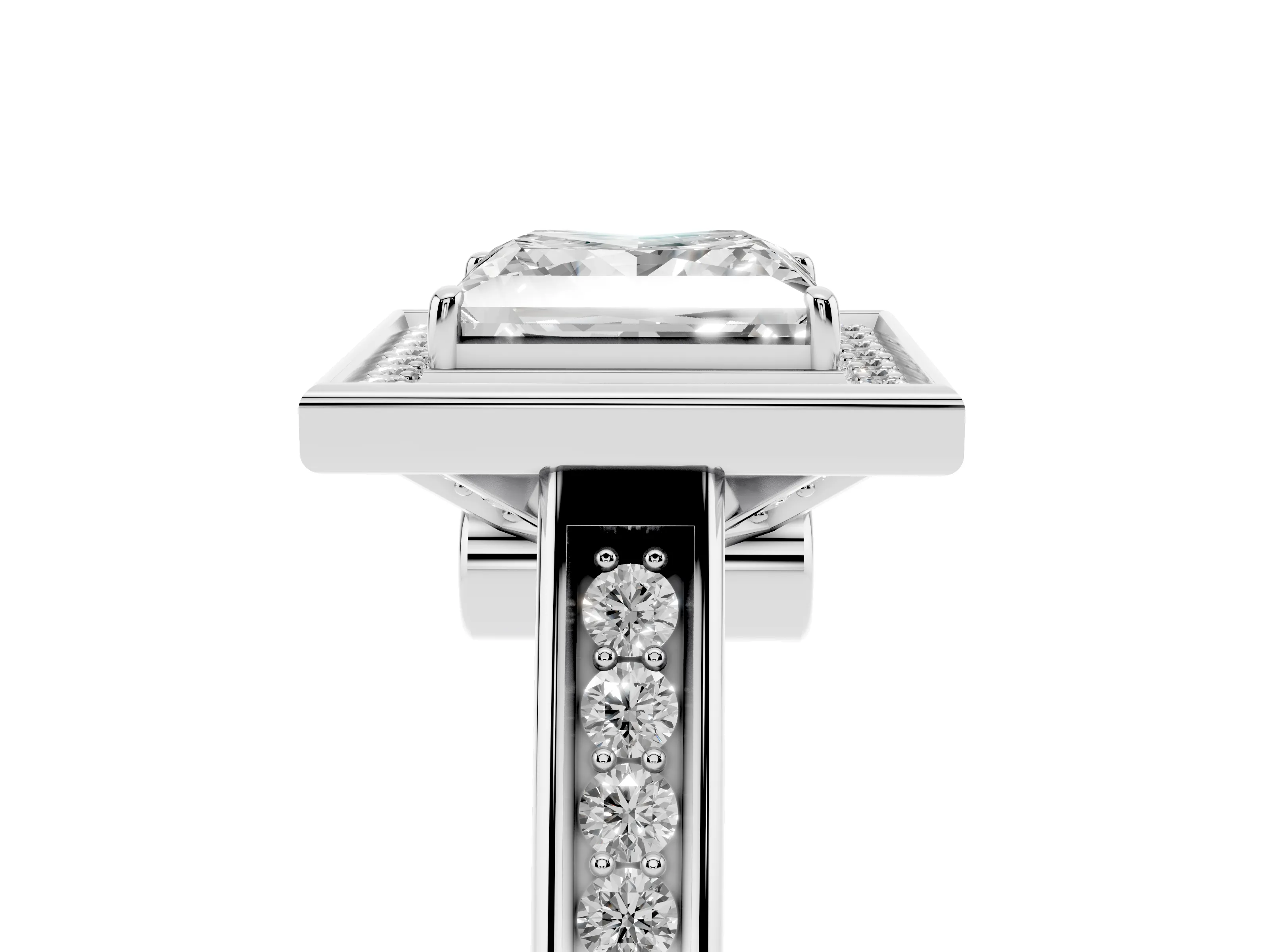 Princess Cut Diamond Halo Solitaire Ring Set in White gold with Pavé Band and Bezel Setting