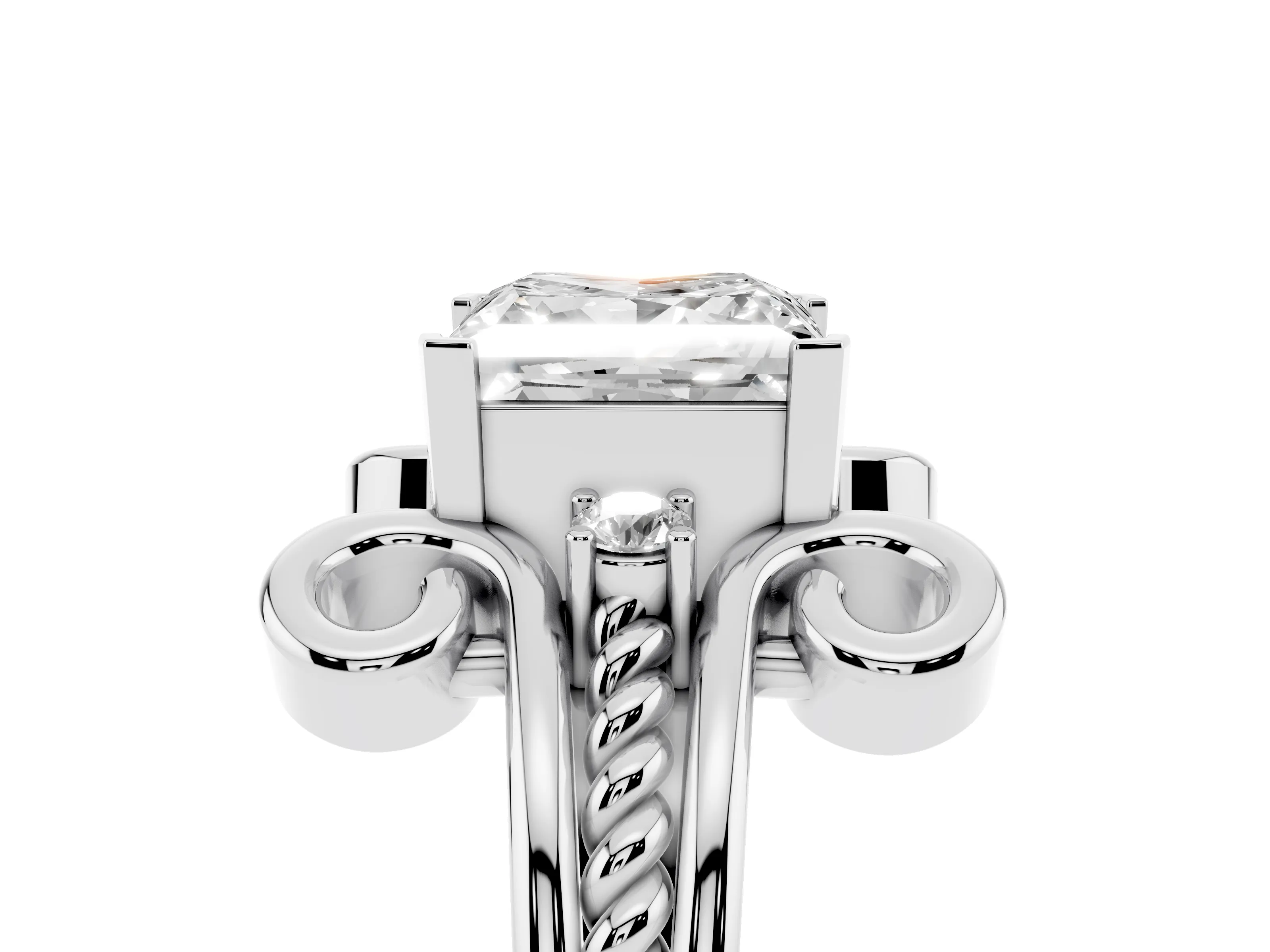 Princess Cut Diamond Twisted Band Solitaire Ring Set in Platinum with Scroll Prongs