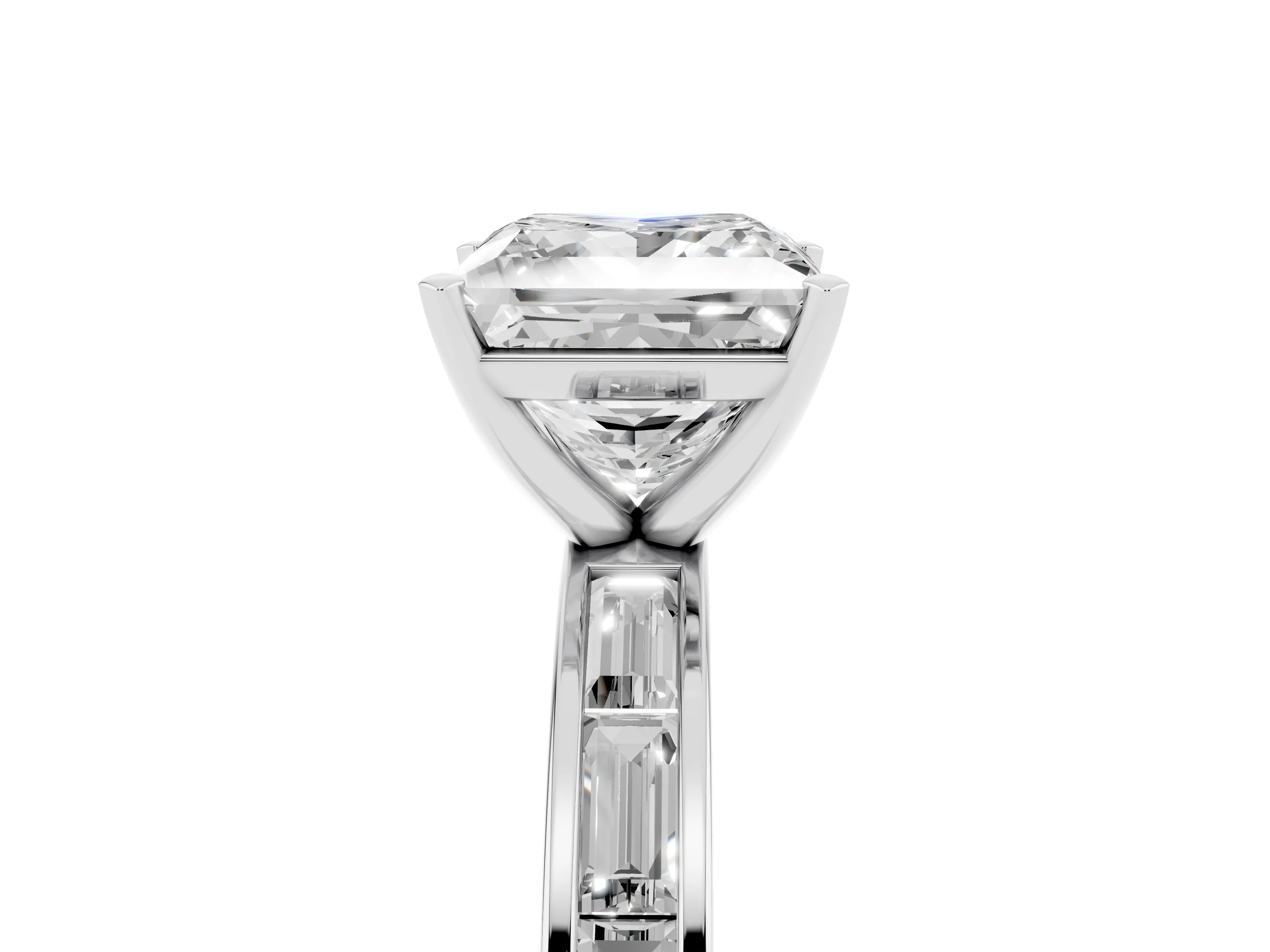 Princess Cut Diamond Solitaire Ring Set in White gold with Channel-Set Baguette Band and Prong Setting