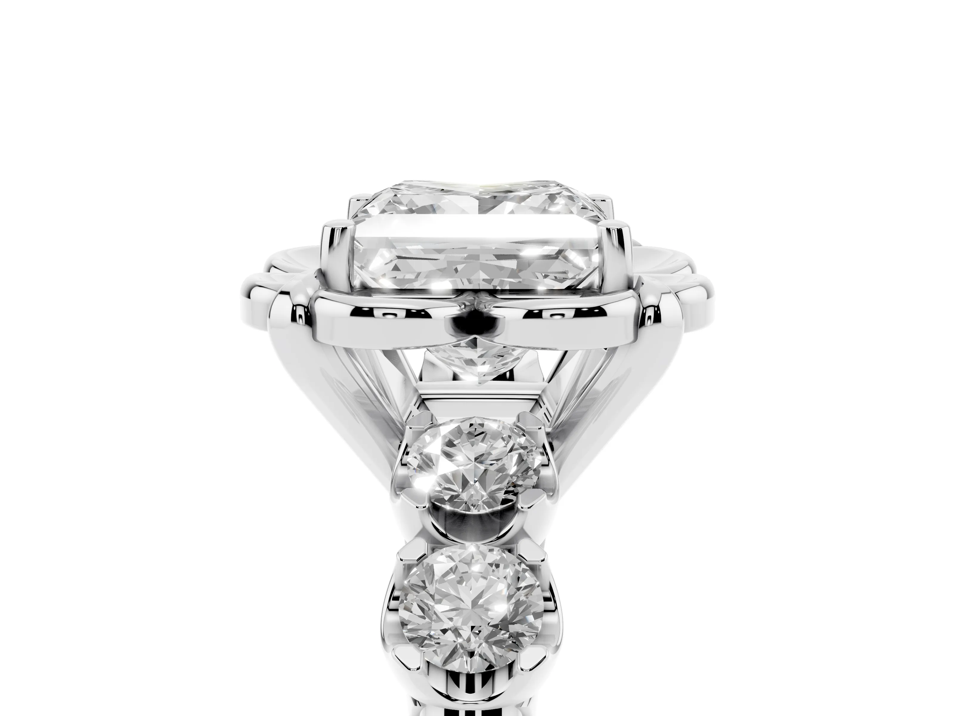 Princess Cut Diamond Floral Halo Ring Set in Silver with Shared Prong Band