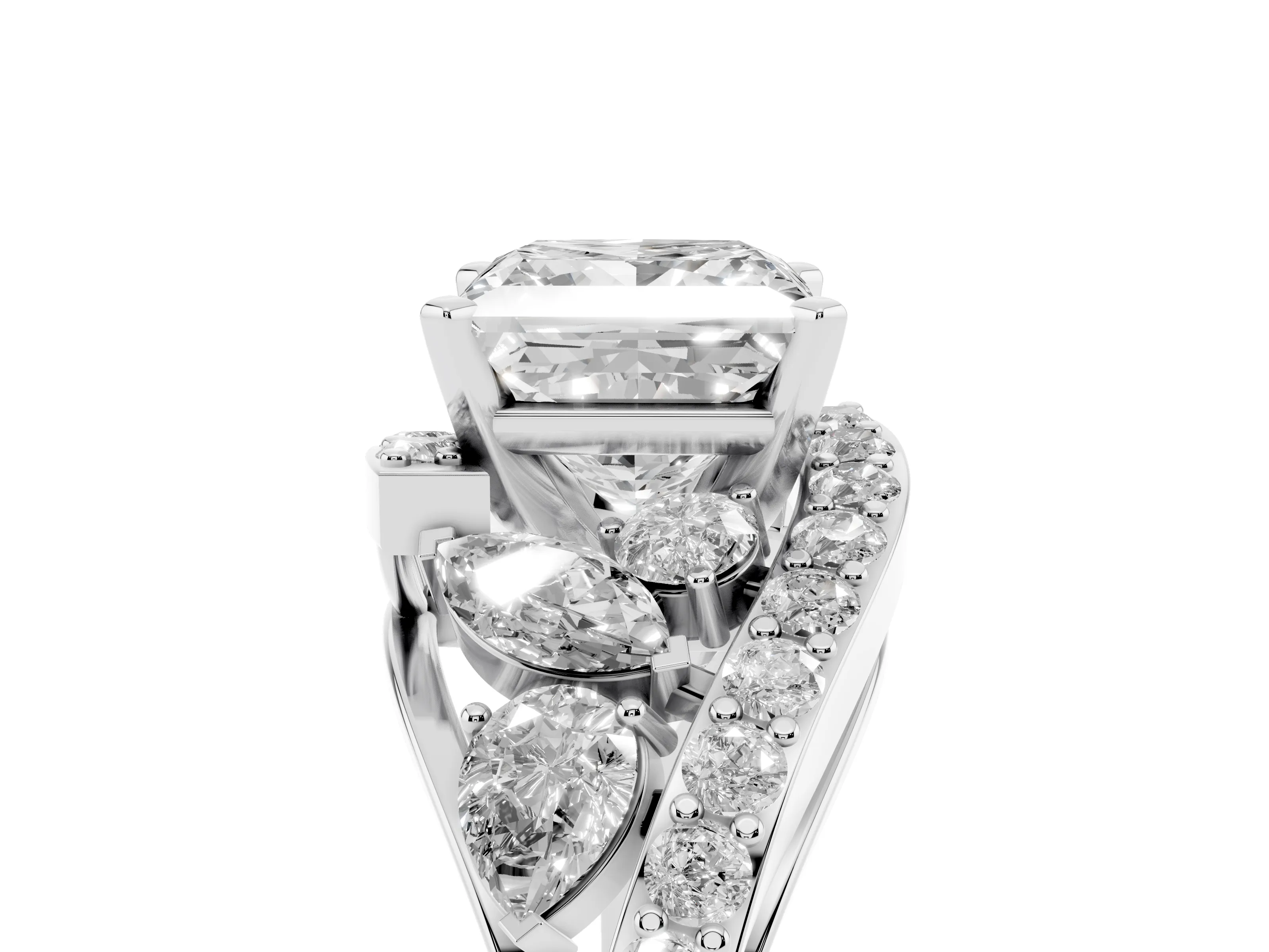 Princess Cut Diamond Halo Ring Set in Platinum with Marquise and Pavé Band in Prong Setting