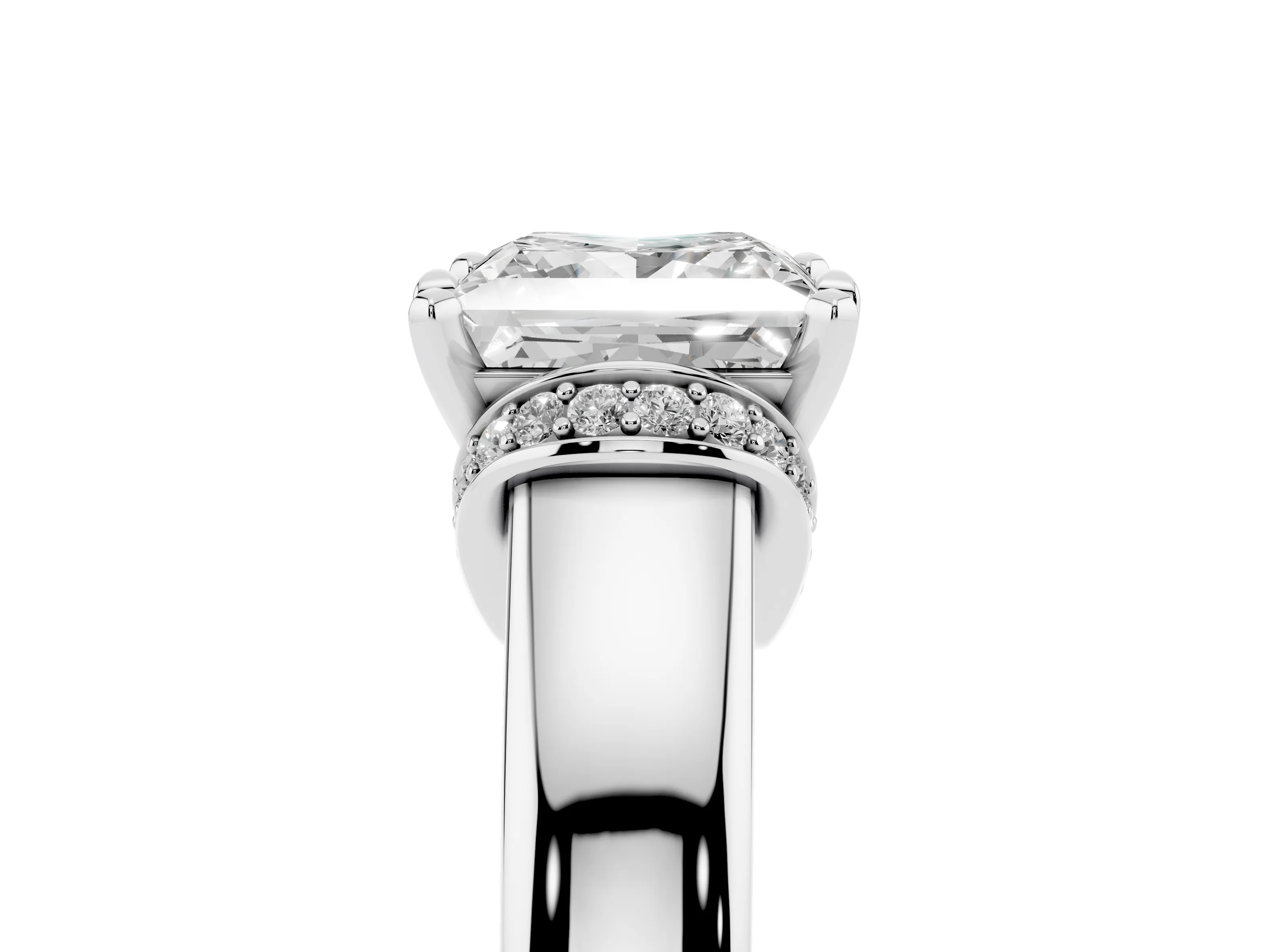 Princess Cut Diamond Pavé Band Solitaire Ring Set in Platinum with Prong Setting