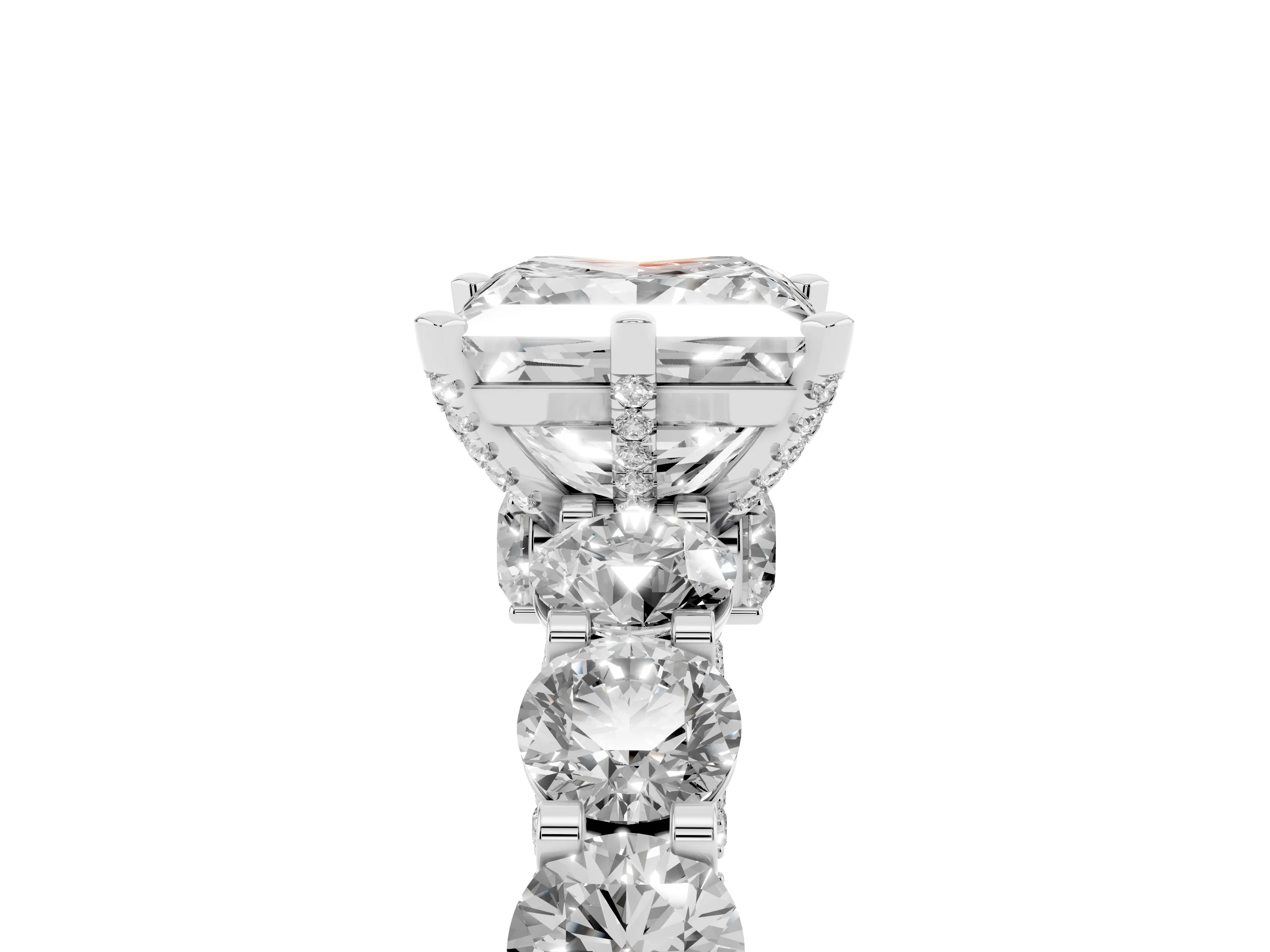 Princess Cut Diamond Side Stone Ring Set in Silver with Alternating Round and Oval Side Stones