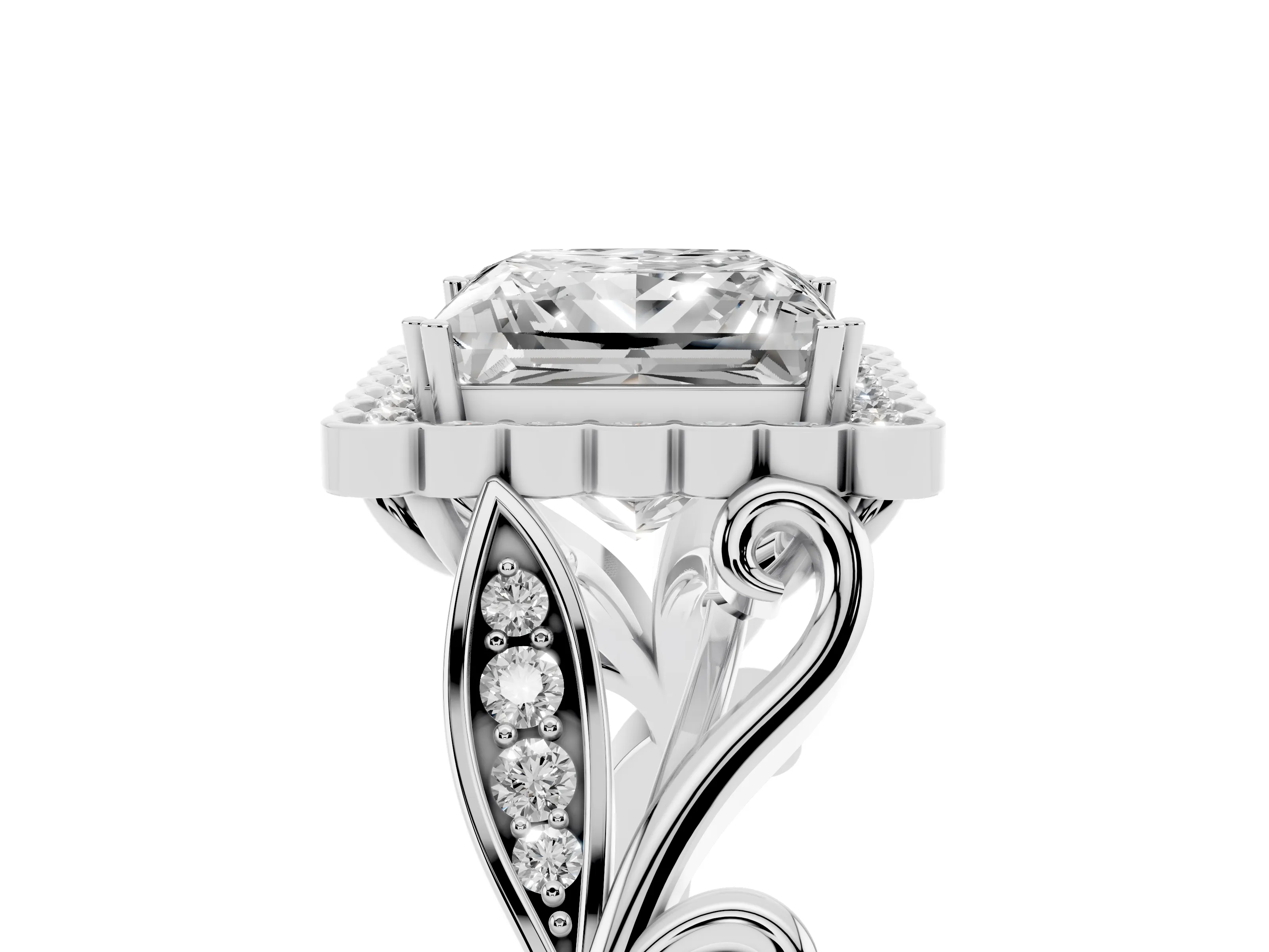 Princess Cut Diamond Halo Ring Set in White gold with Leaf Motif Split Shank and Prong Setting