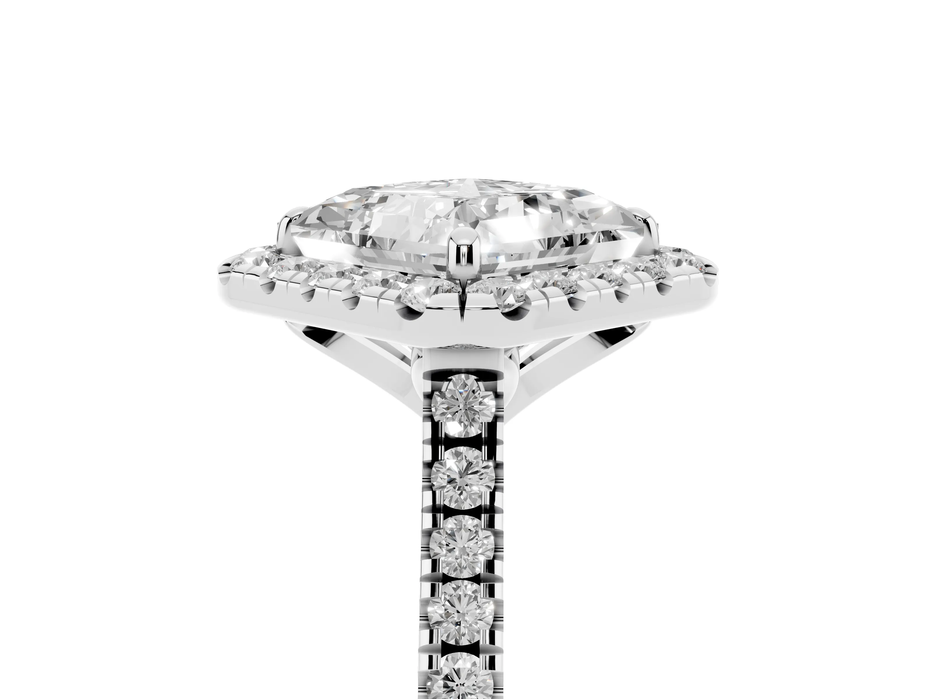 Princess Cut Diamond Cushion Halo Ring Set in Platinum with Pavé Band