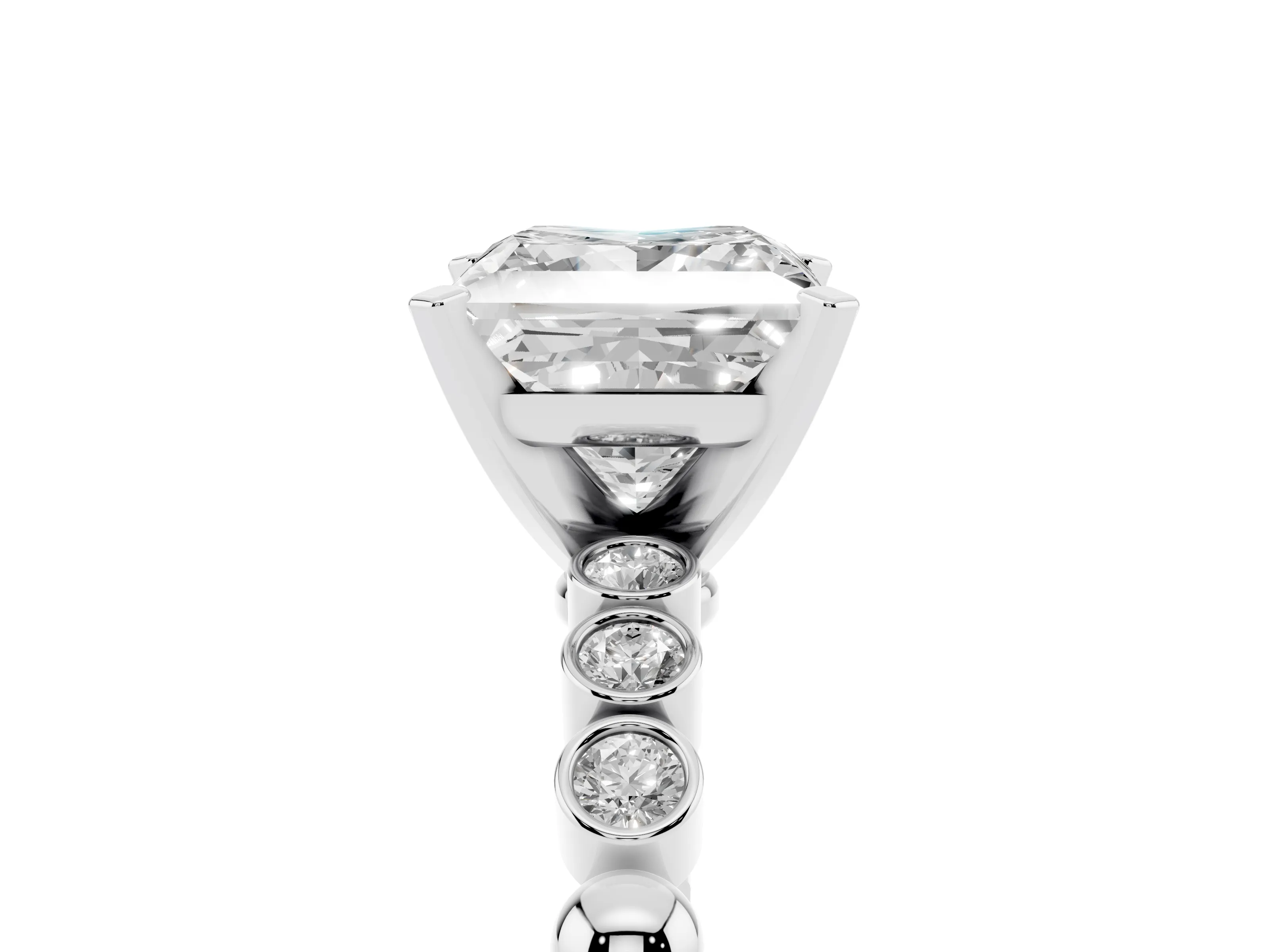 Princess Cut Diamond Solitaire Engagement Ring Set in Platinum with Bezel Accents on Beaded Band