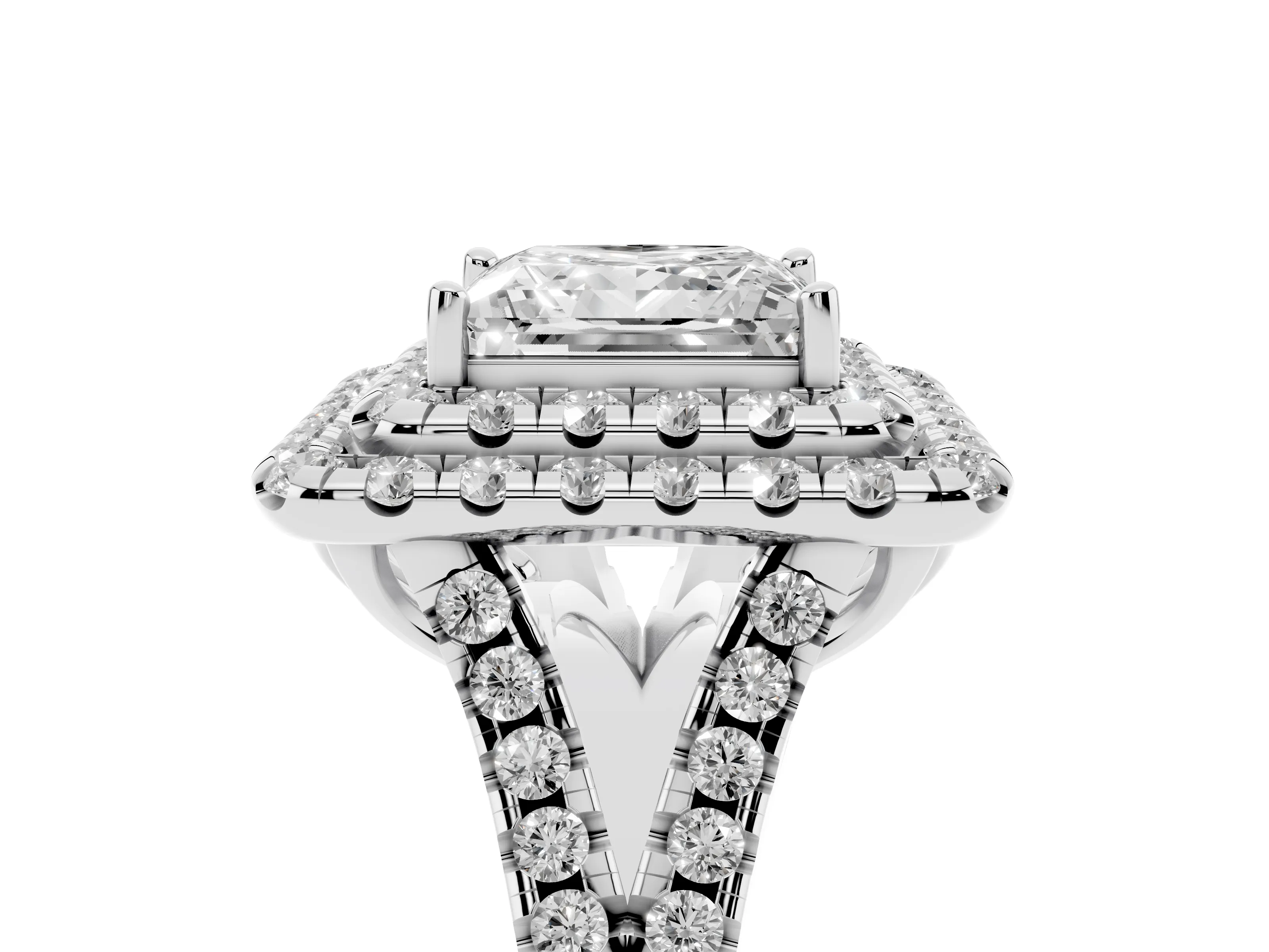 Princess Cut Diamond Double Halo Ring Set in Silver with Pavé Split Shank and Prong Setting