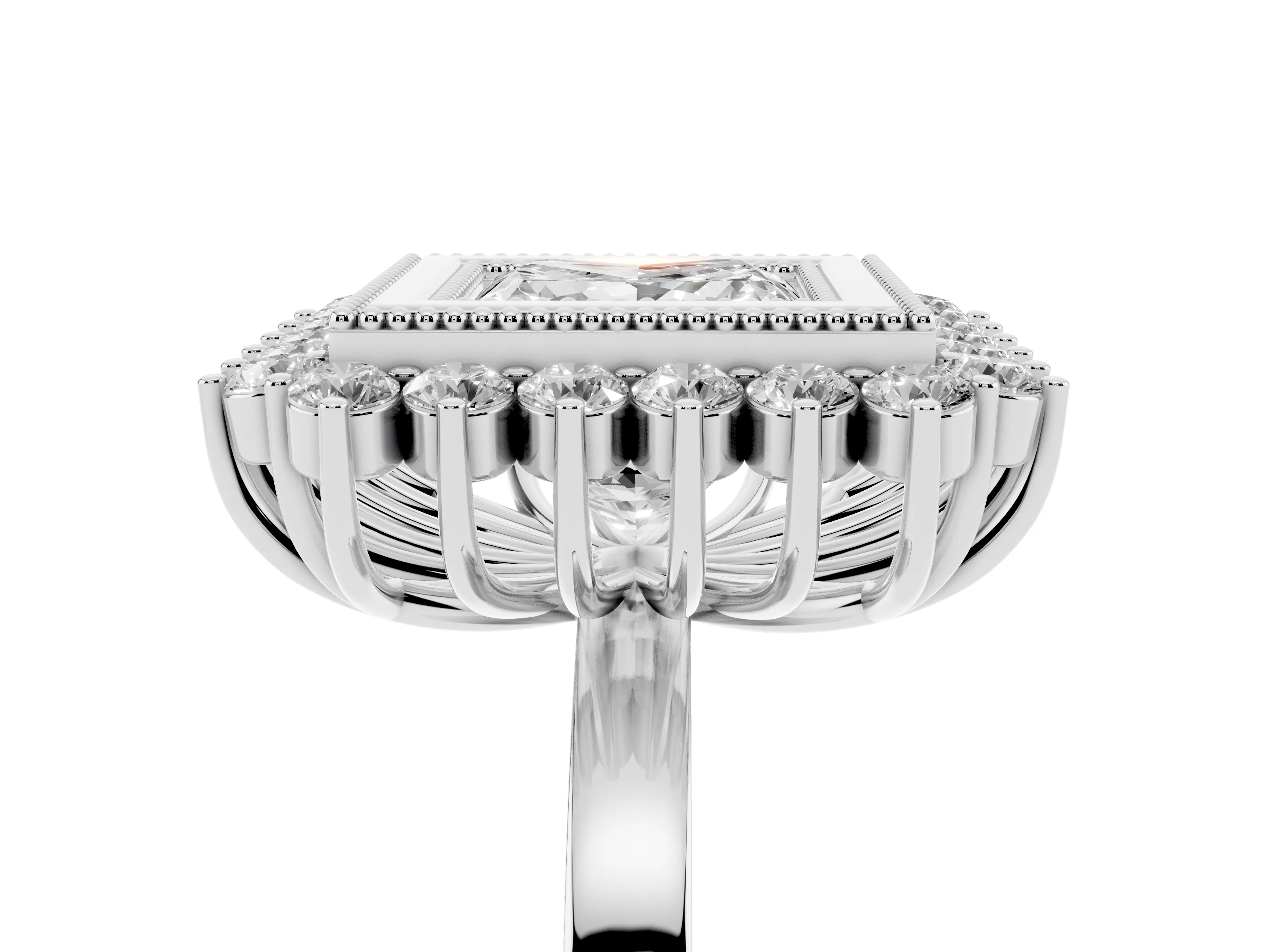 Princess Cut Diamond Halo Ring Set in Silver with Milgrain Edge and Round Prong Setting