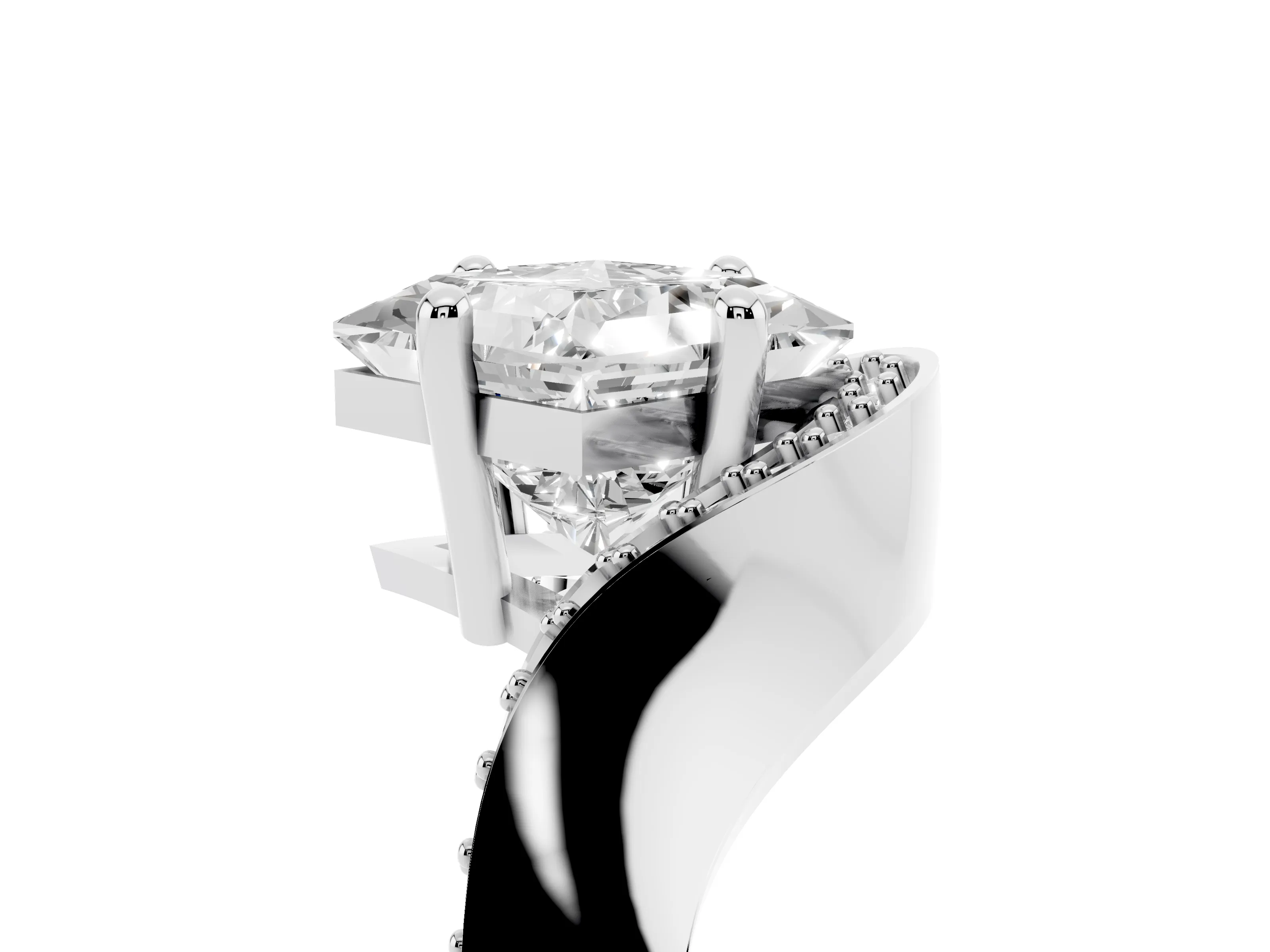 Princess Cut Diamond Solitaire Engagement Ring Set in Silver with Pavé Shoulders
