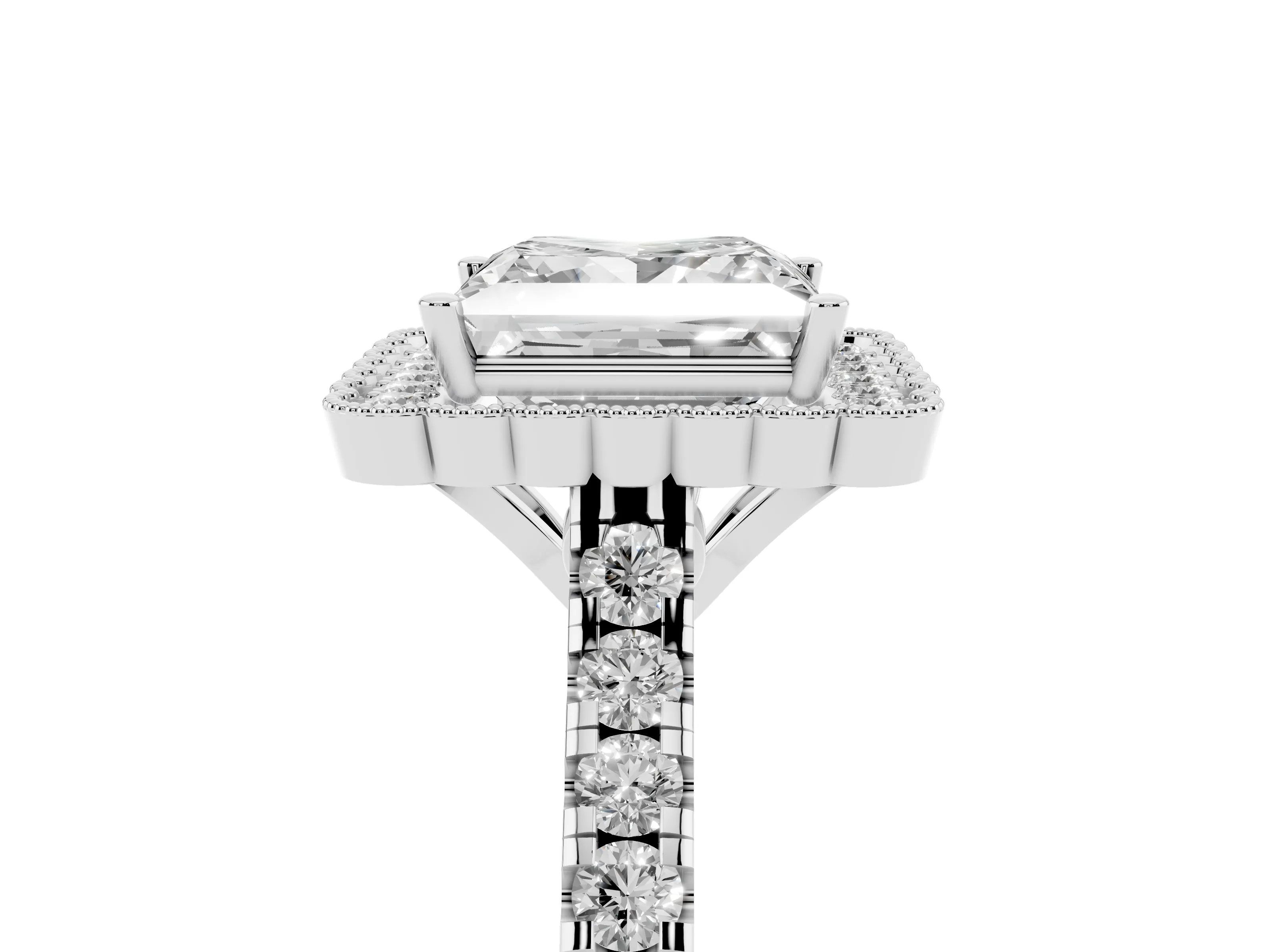 Princess Cut Diamond Milgrain Floral Halo Engagement Ring Set in Platinum with Pavé Band