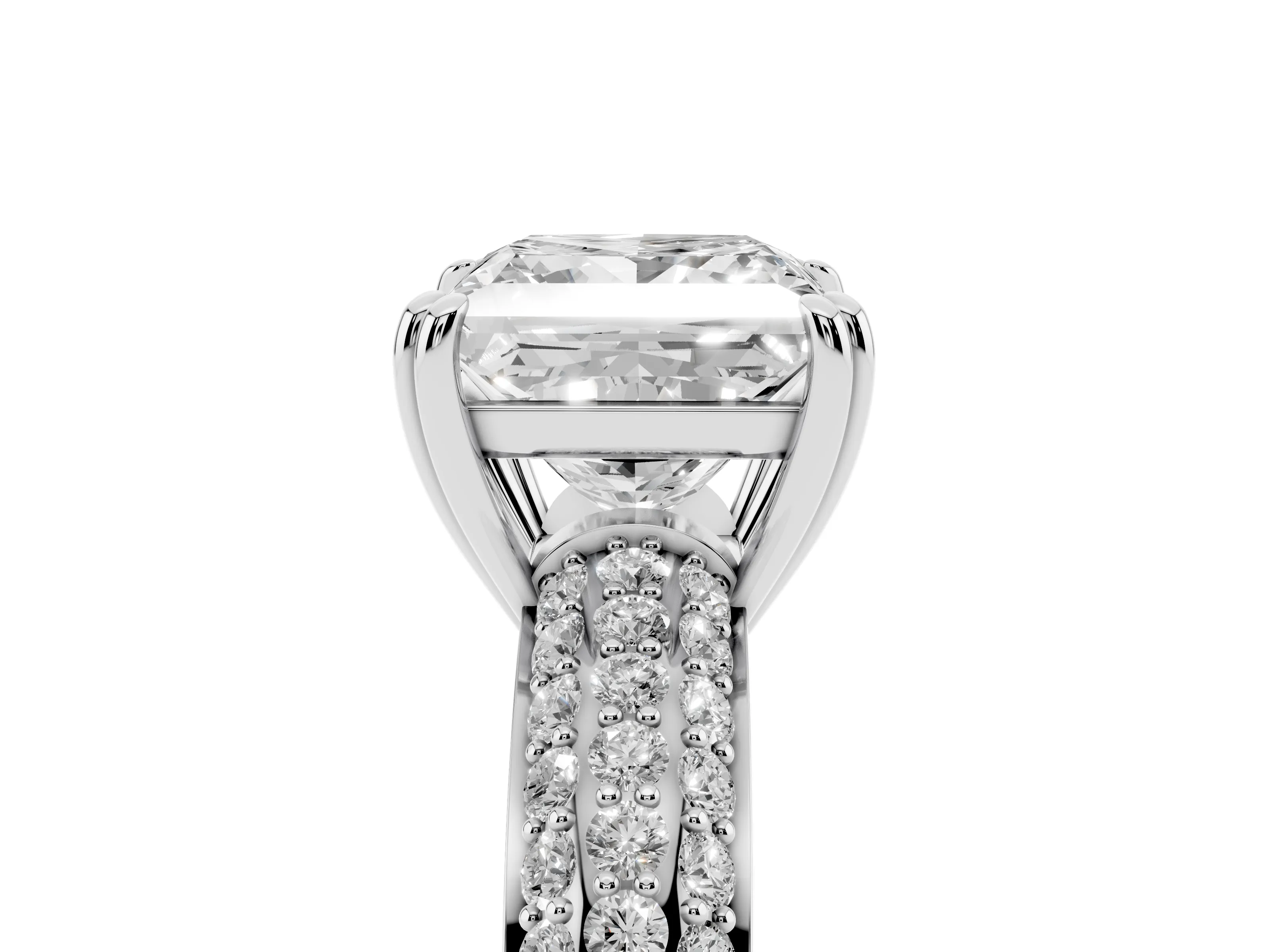 Princess Cut Diamond Solitaire Ring Set in White gold with Multi-Row Round Pavé Band and Prong Setting