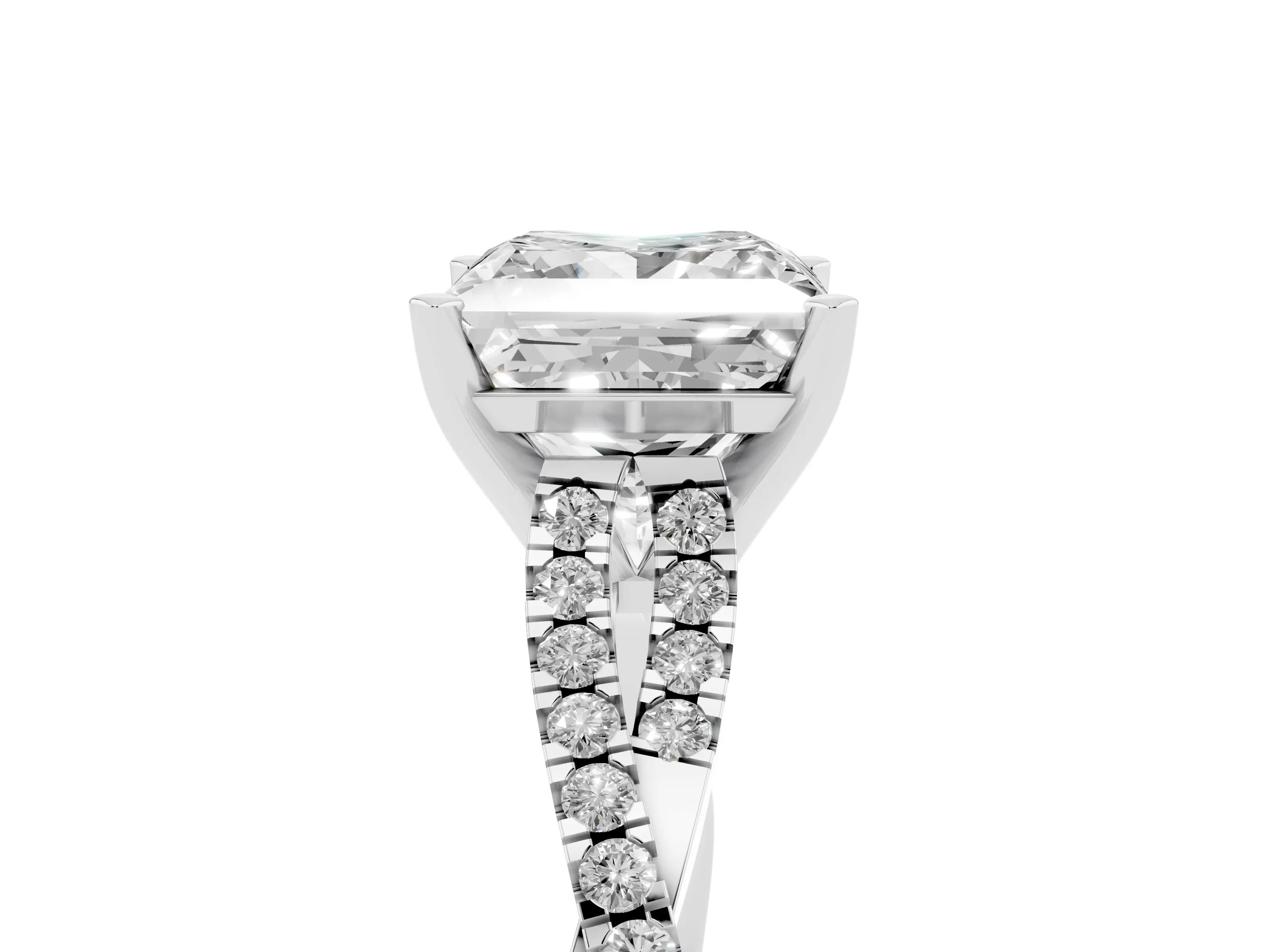Princess Cut Diamond Solitaire Engagement Ring Set in White gold with Twisted Pavé Band and Prong Setting