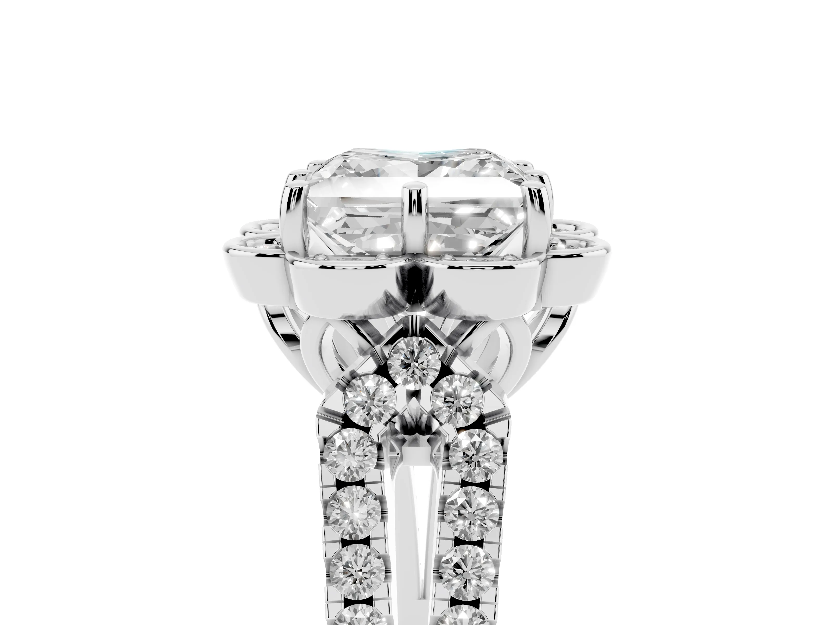 Princess Cut Diamond Floral Halo Split Shank Engagement Ring Set in White gold with Pavé Shank