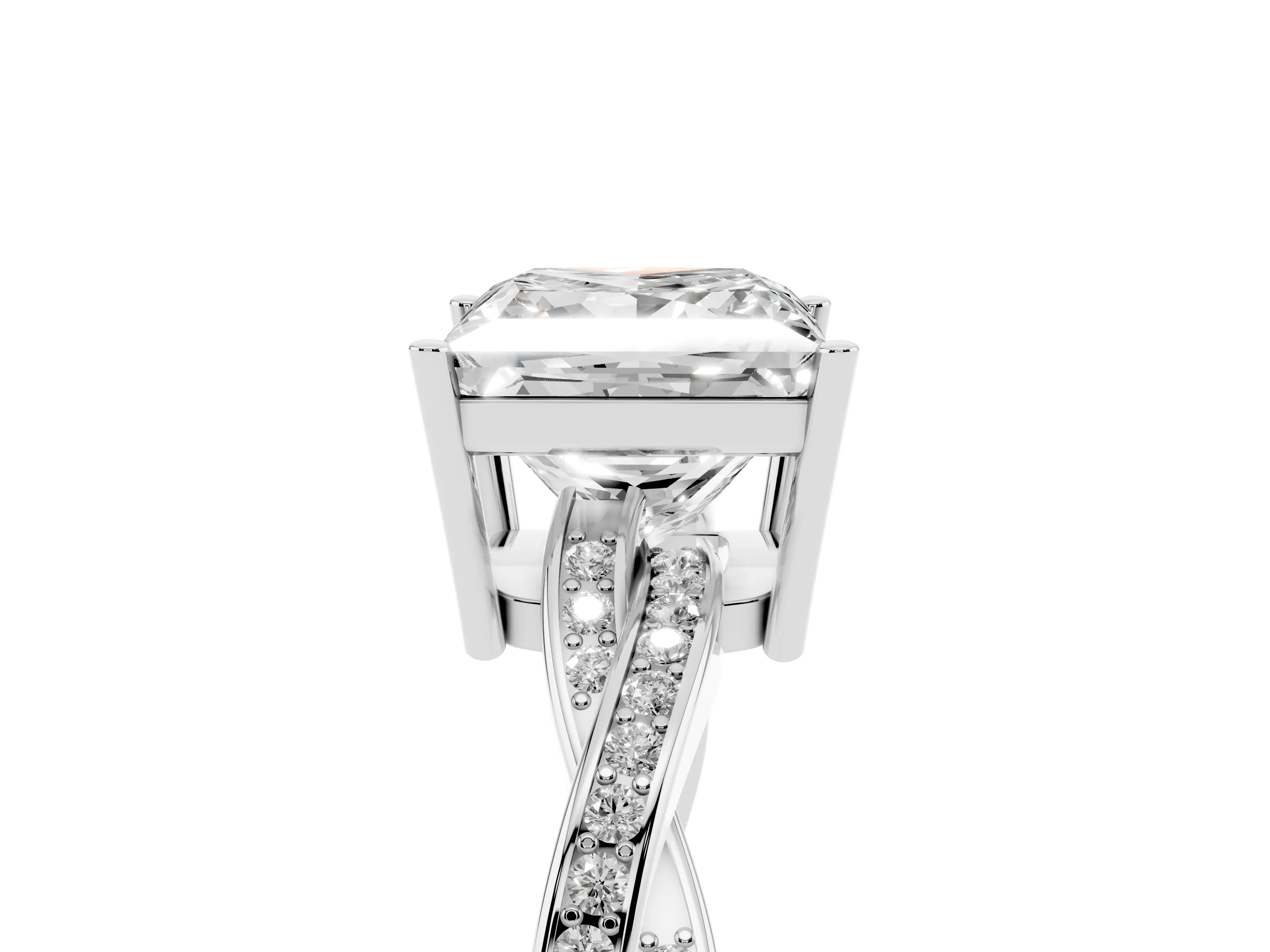 Princess Cut Diamond Solitaire Twisted Pavé Ring Set in White gold with Prong Setting