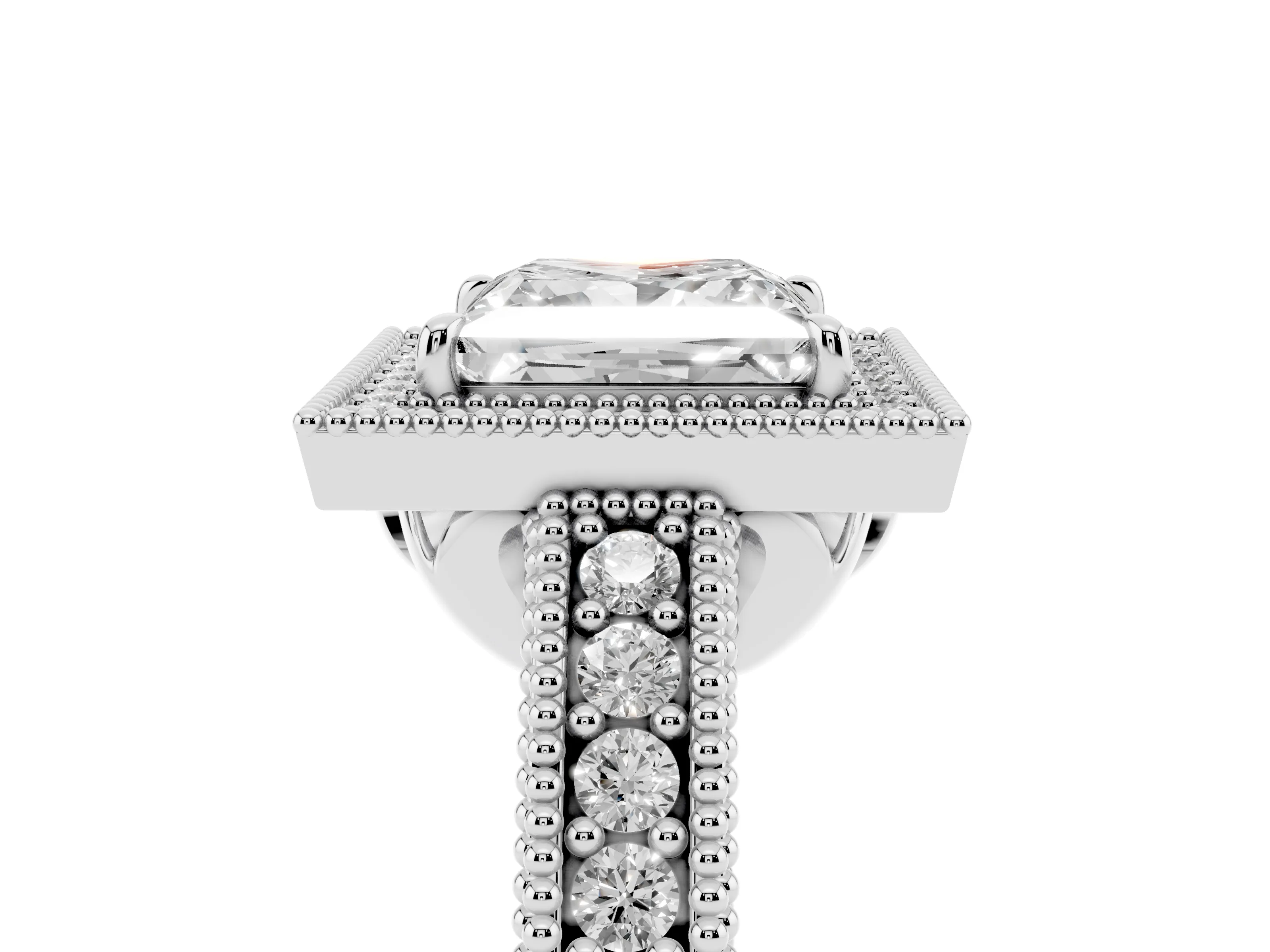Princess Cut Diamond Halo Ring Set in White gold with Round Accent Halo, Pavé Band and Prong Setting