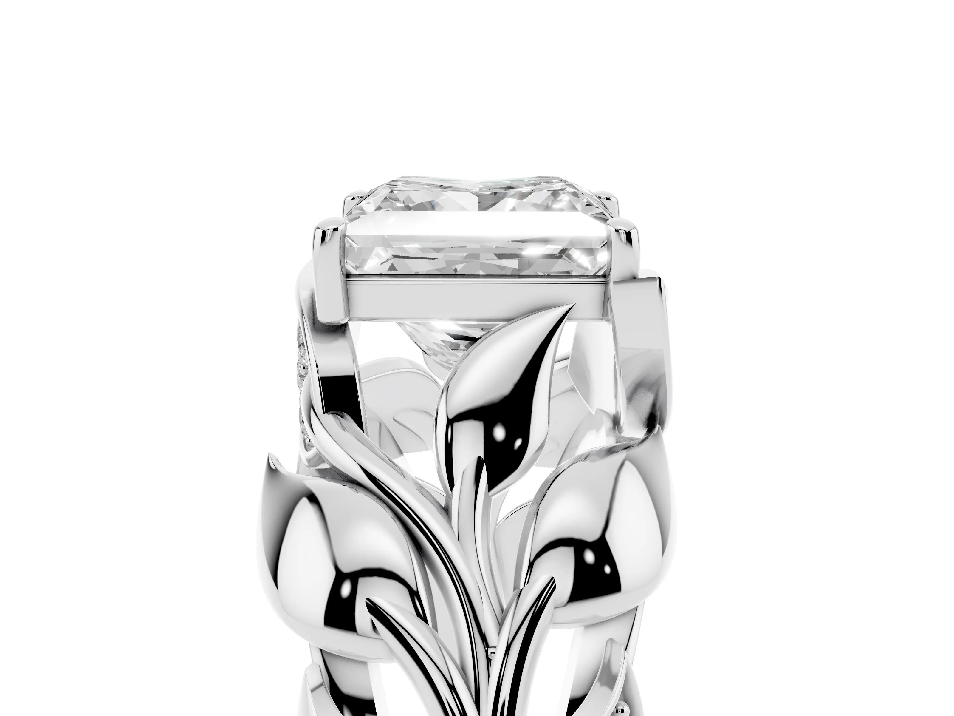 Princess Cut Diamond Leaf-Inspired Engagement Ring Set in Platinum with Round Accents