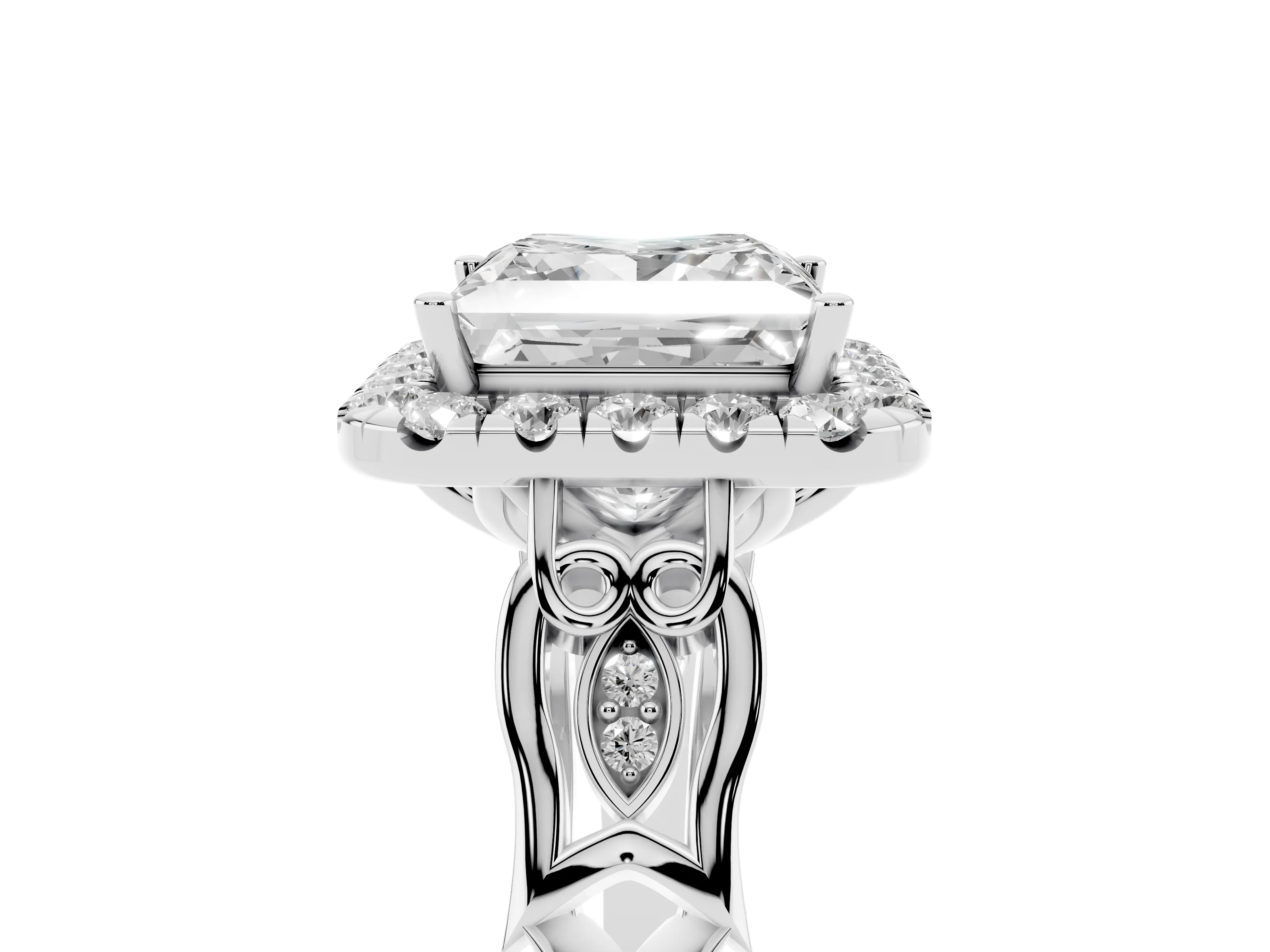 Princess Cut Diamond Halo Engagement Ring Set in White gold with Filigree Band and Prong-Set Center