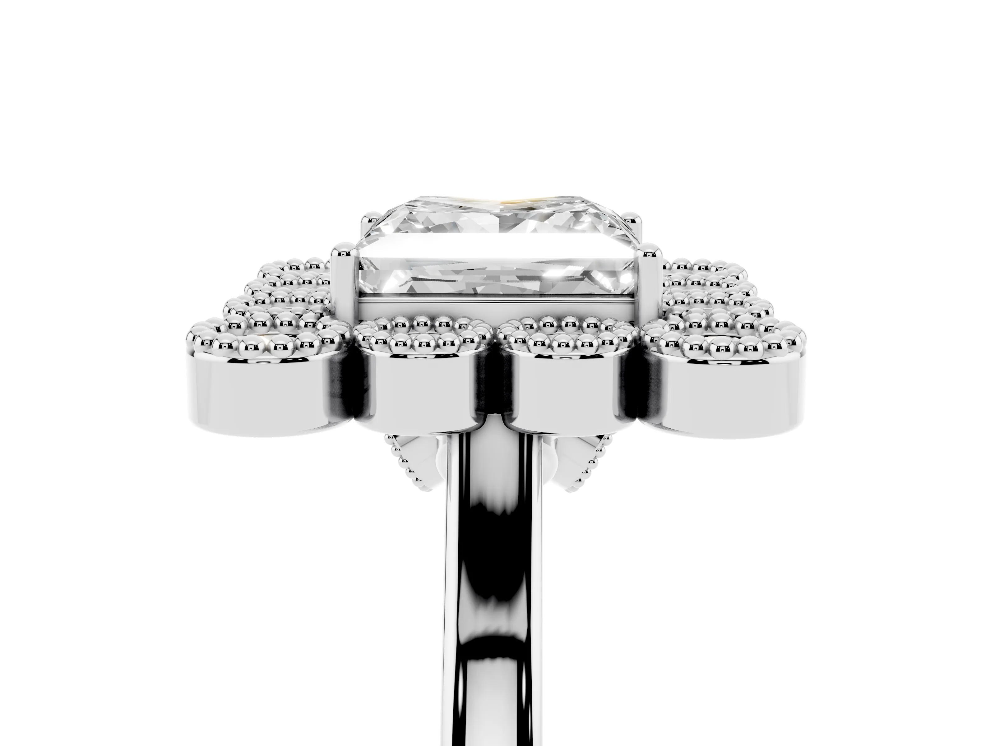 Princess Cut Diamond Cluster Halo Ring Set in White gold with Milgrain Bezel Accents and Plain Band