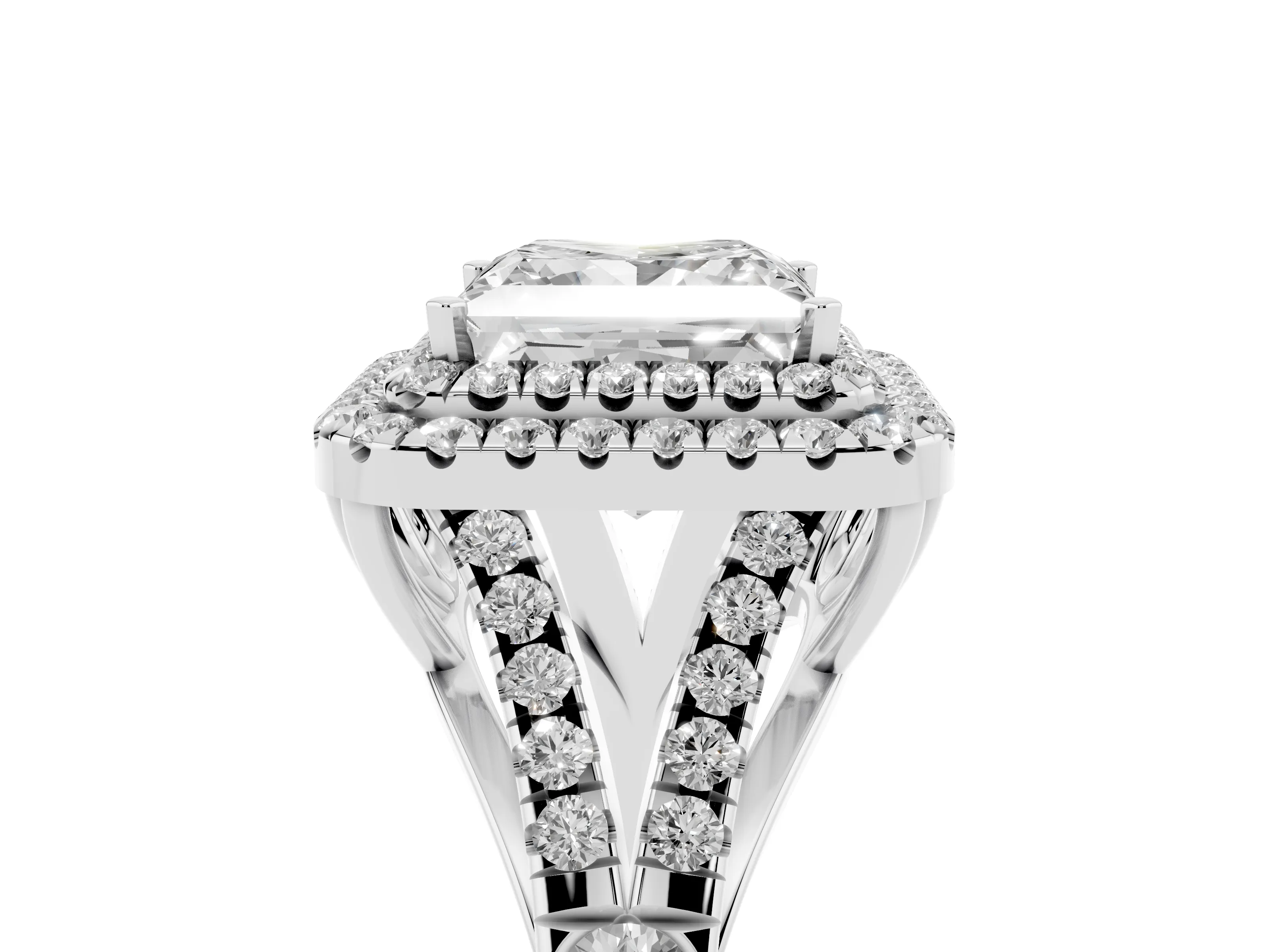 Princess Cut Diamond Pavé Split Shank Double Halo Engagement Ring Set in Silver