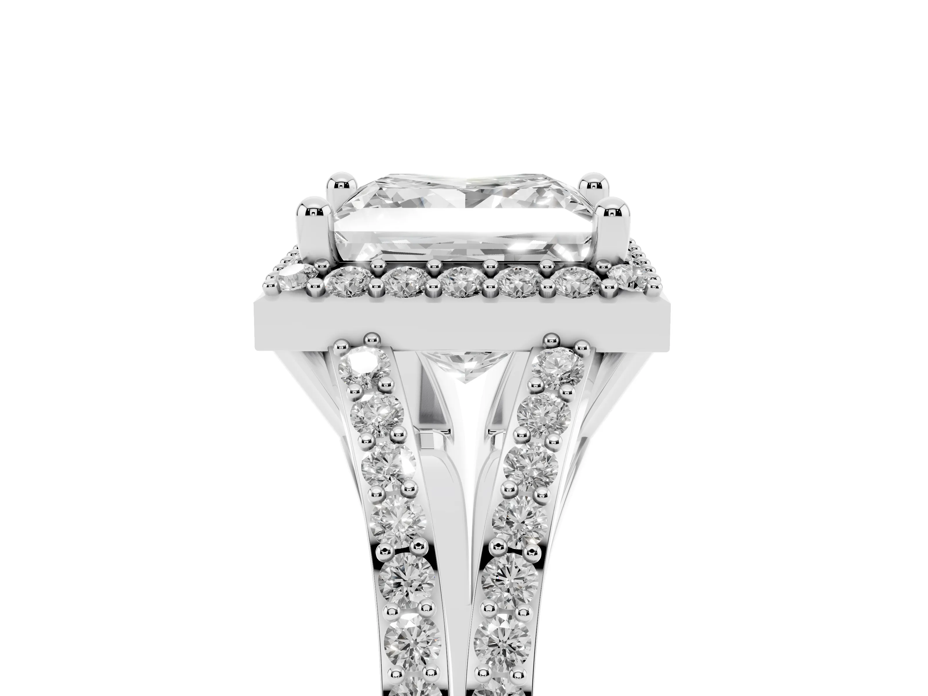 Princess Cut Diamond Halo Split Shank Pavé Ring Set in Platinum with Prong Setting