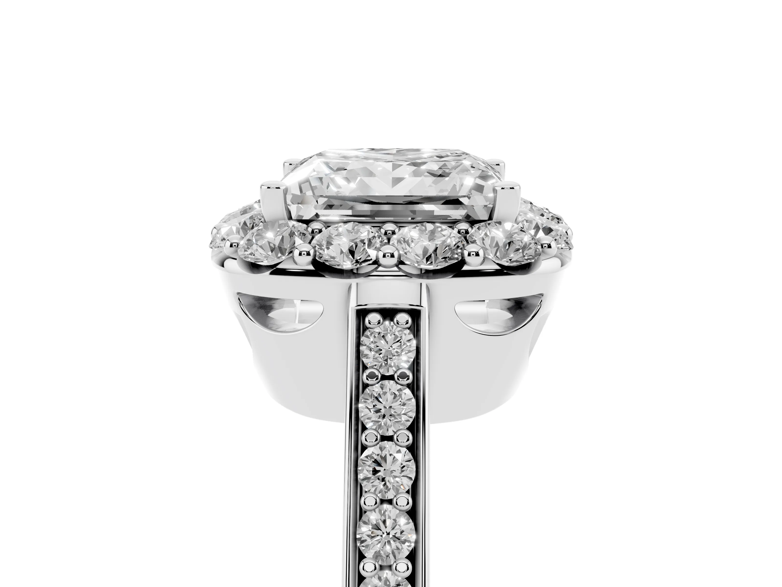 Princess Cut Diamond Floral Halo Ring Set in White gold with Pavé Band and Prong Setting