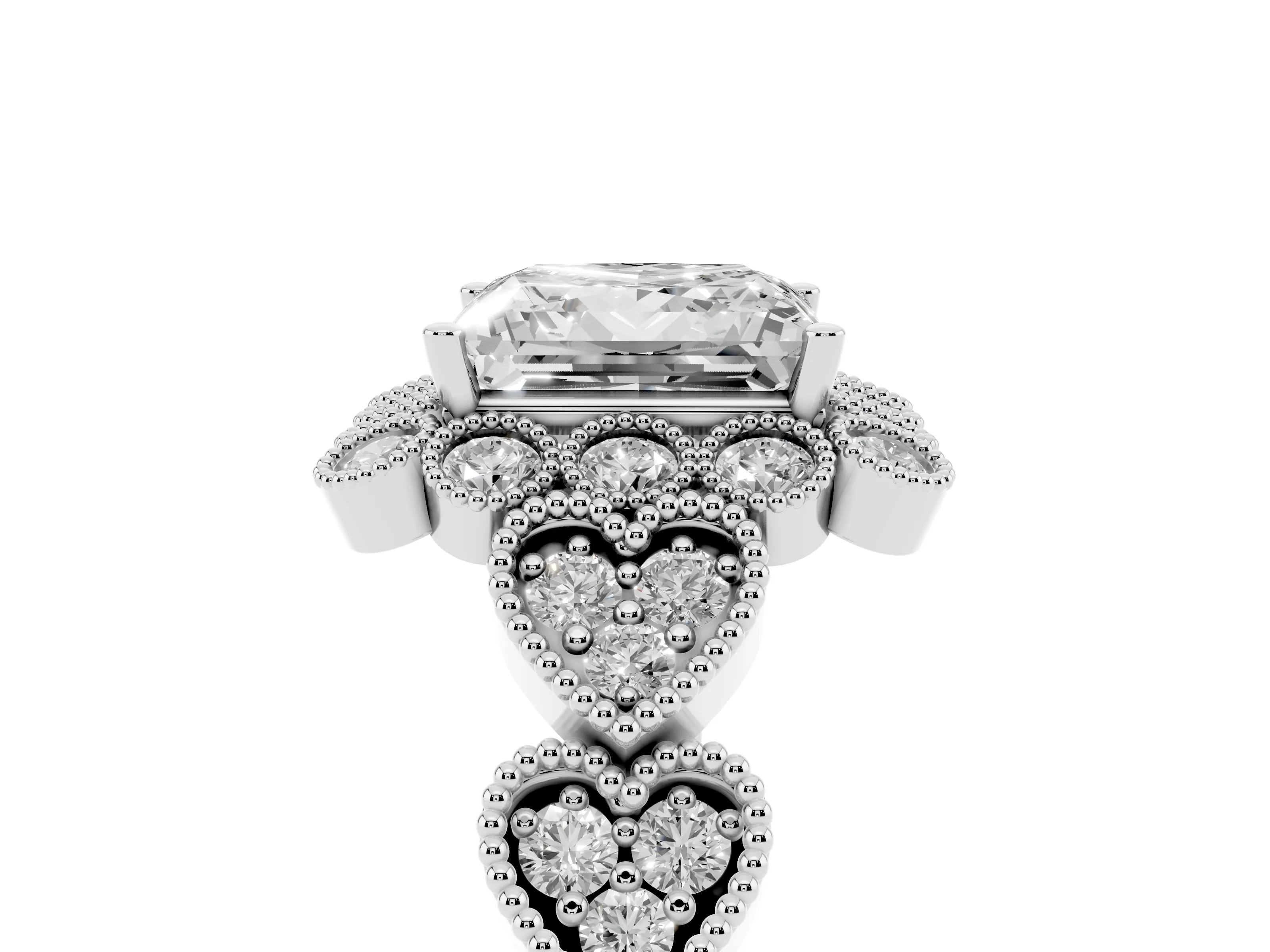 Princess Cut Diamond Solitaire Ring Set in White gold with Milgrain Pavé Heart Band