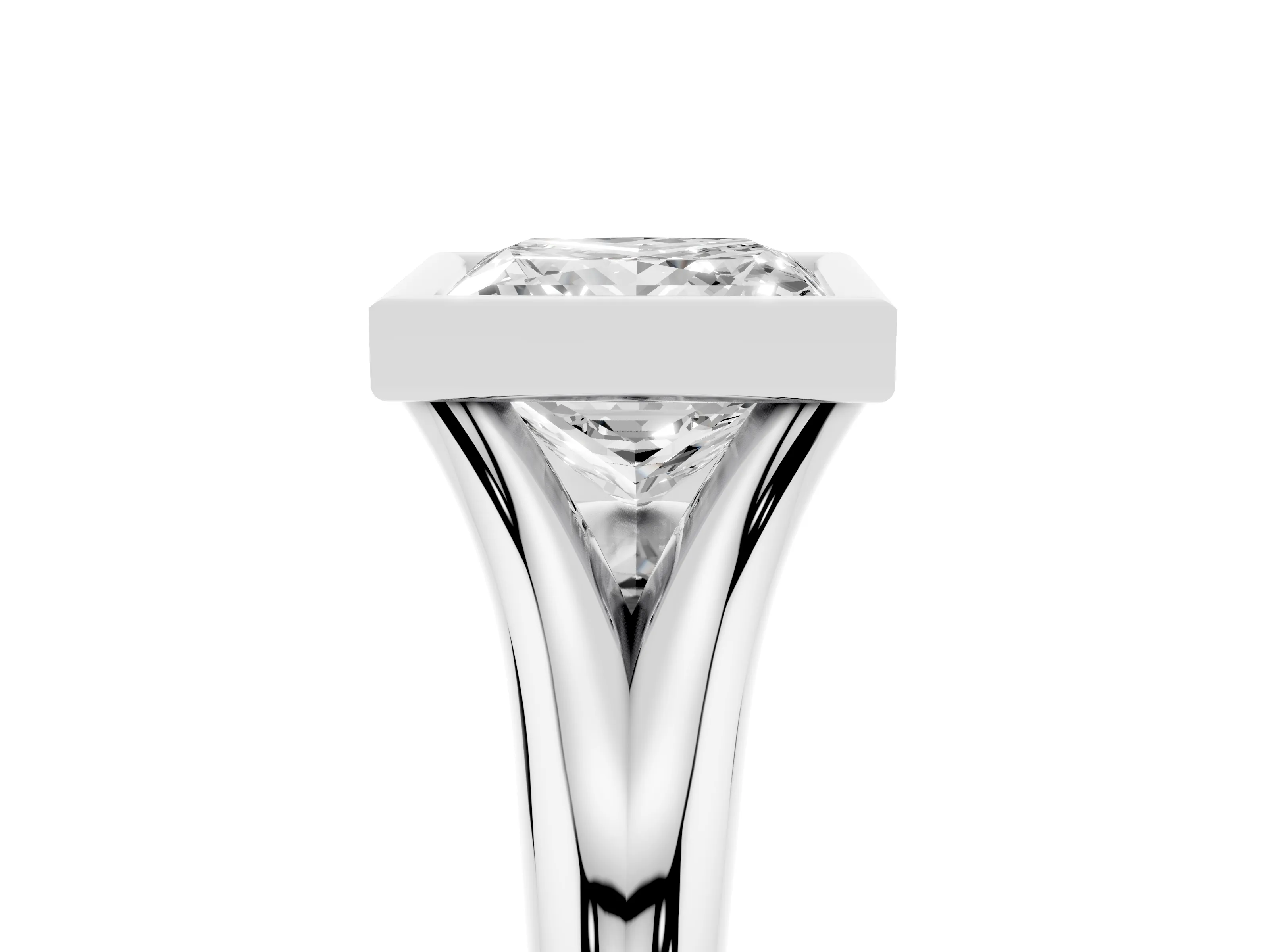 Bezel Set Princess Cut Diamond Solitaire Ring Set in Platinum with Smooth Band