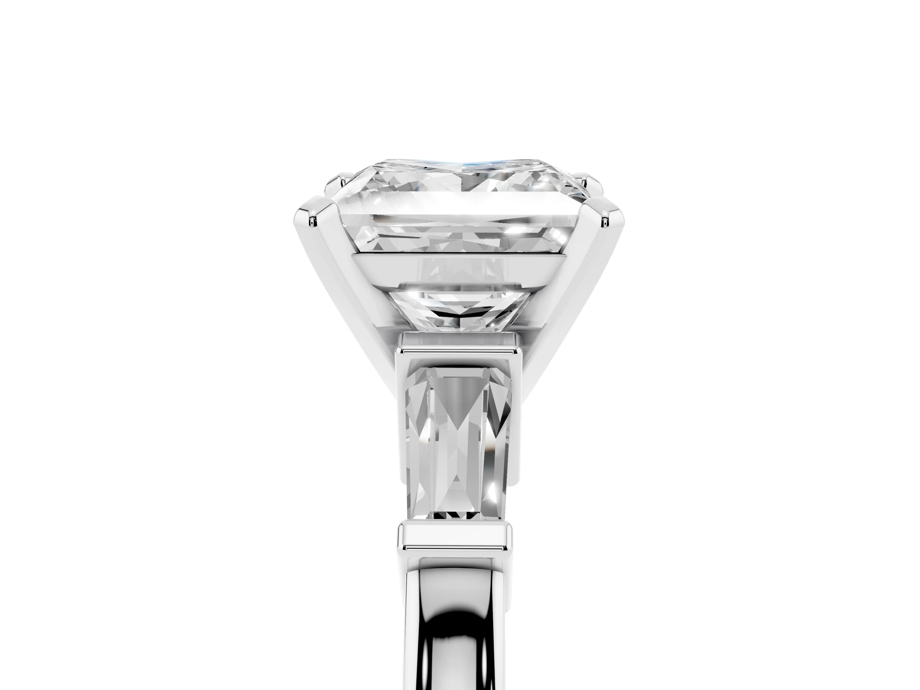 Princess Cut Diamond Solitaire Ring Set in Silver with Tapered Baguette Accents and Prong Setting
