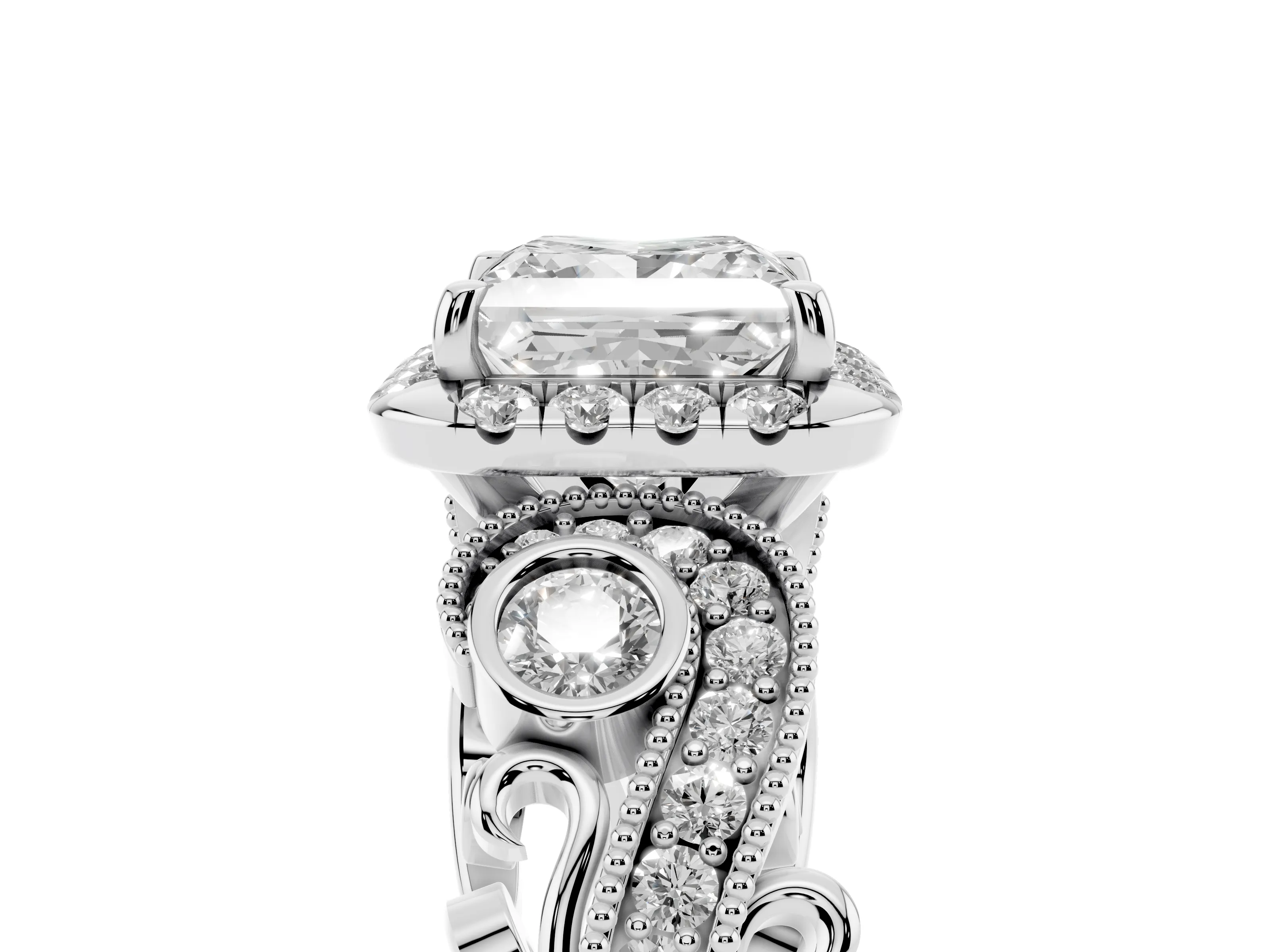 Princess Cut Diamond Halo Ring Set in White gold with Milgrain Pavé Band and Prong Setting