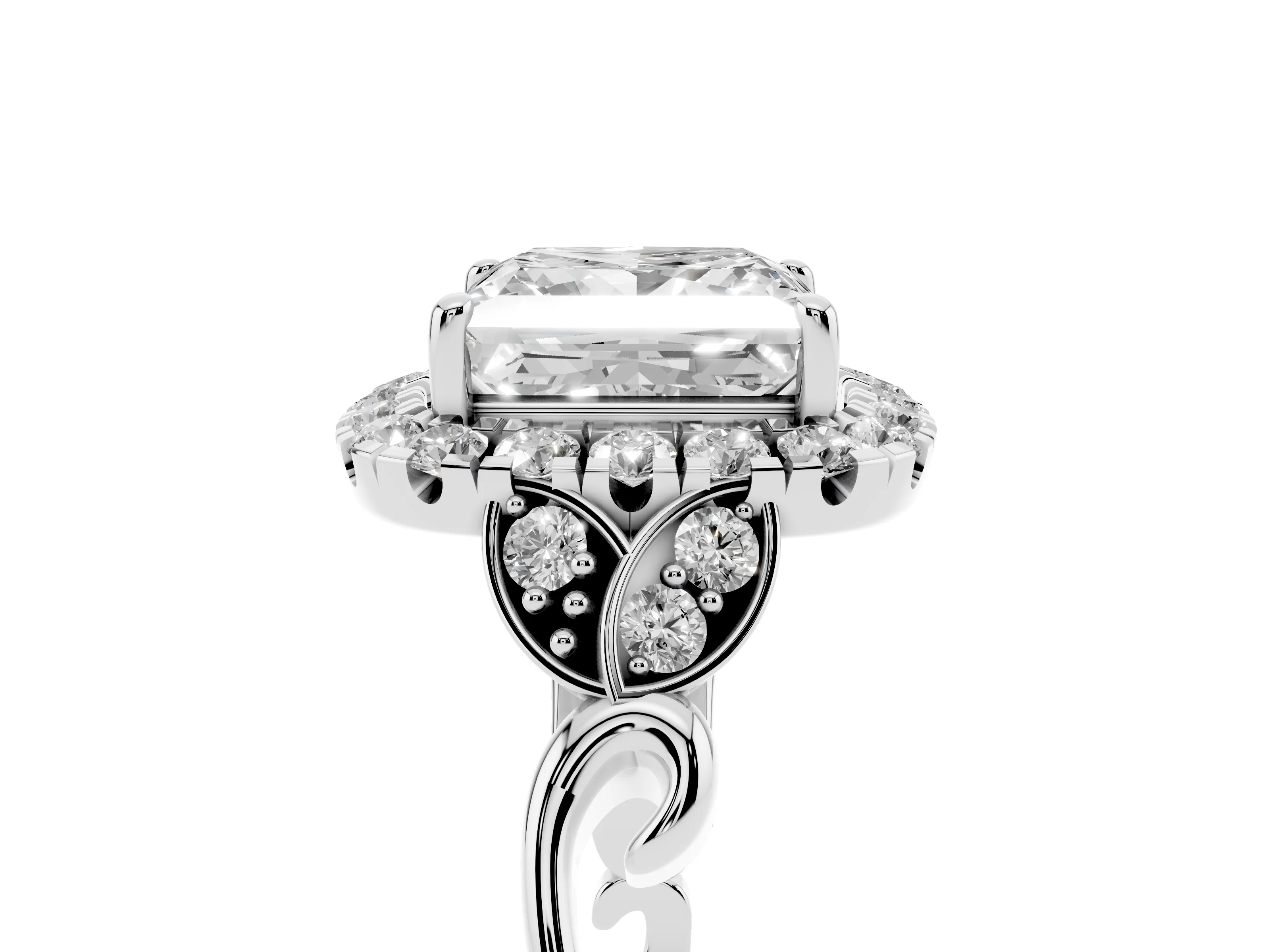 Princess Cut Diamond Halo Engagement Ring Set in Platinum with Vintage-Inspired Band and Prong Setting