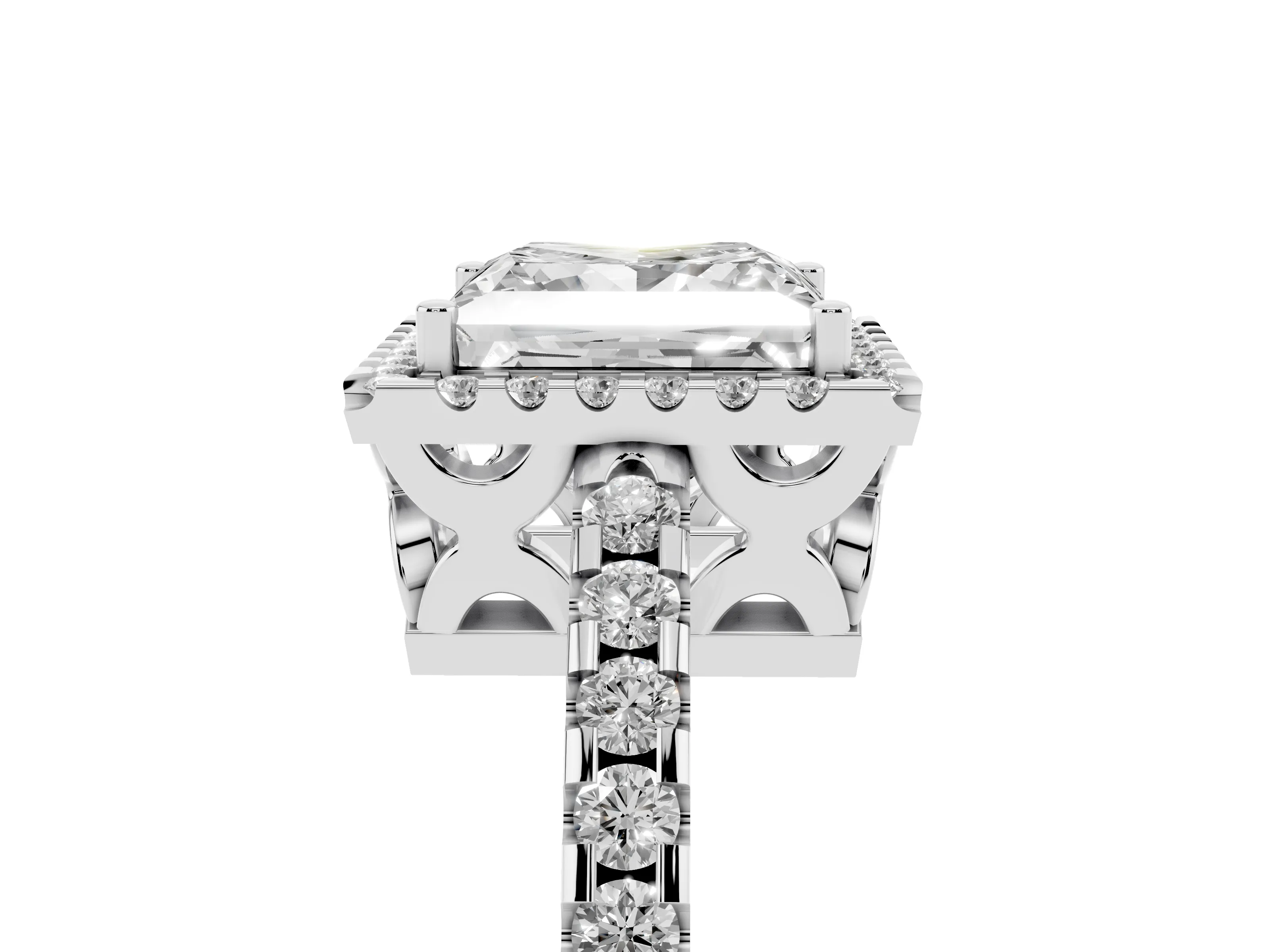 Princess Cut Diamond Halo Ring Set in Silver with Pavé Shoulders and Halo-Framed Center