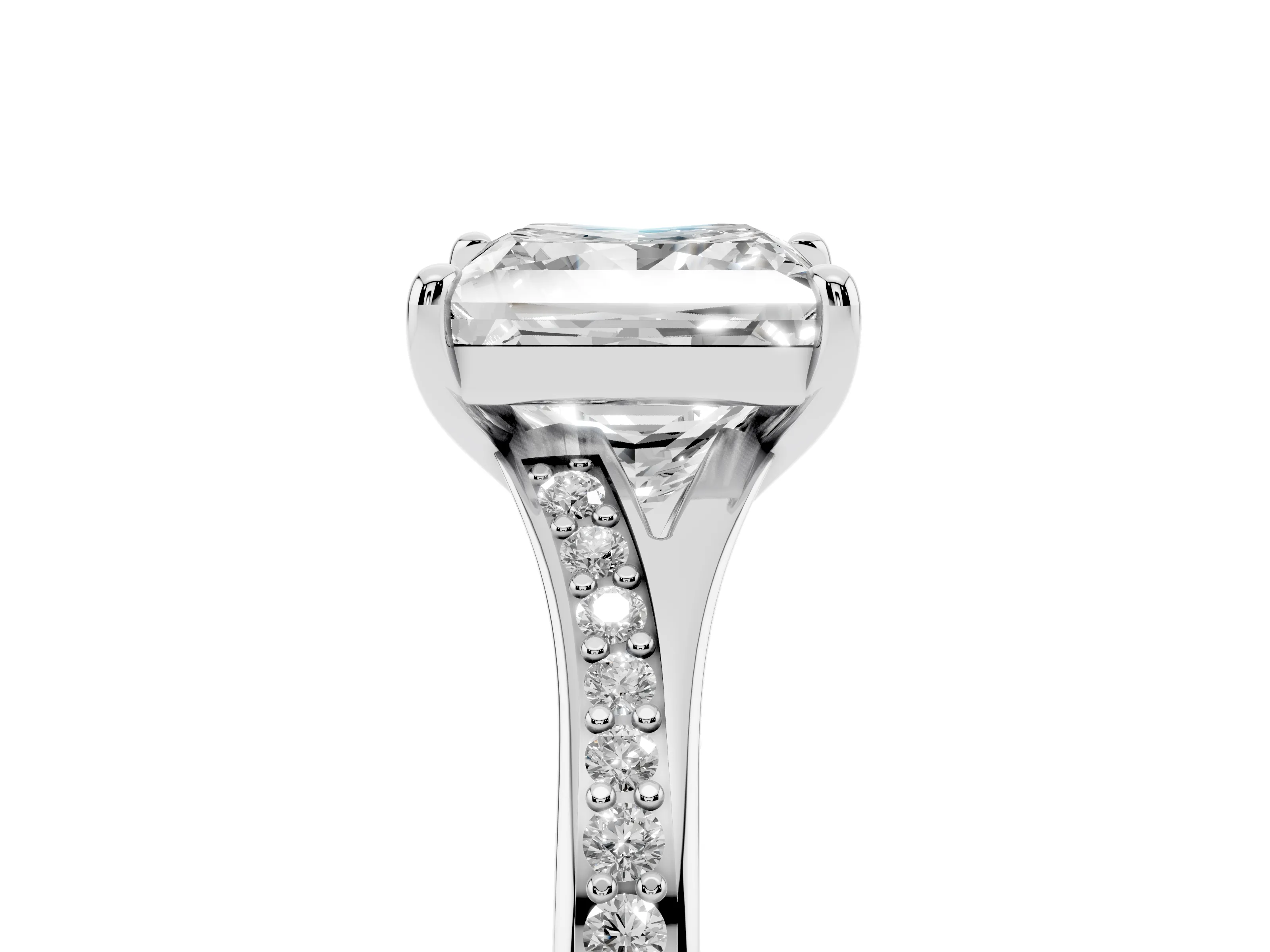 Princess Cut Diamond Solitaire Ring Set in Silver with Pavé Accent Band and Classic Prong Setting