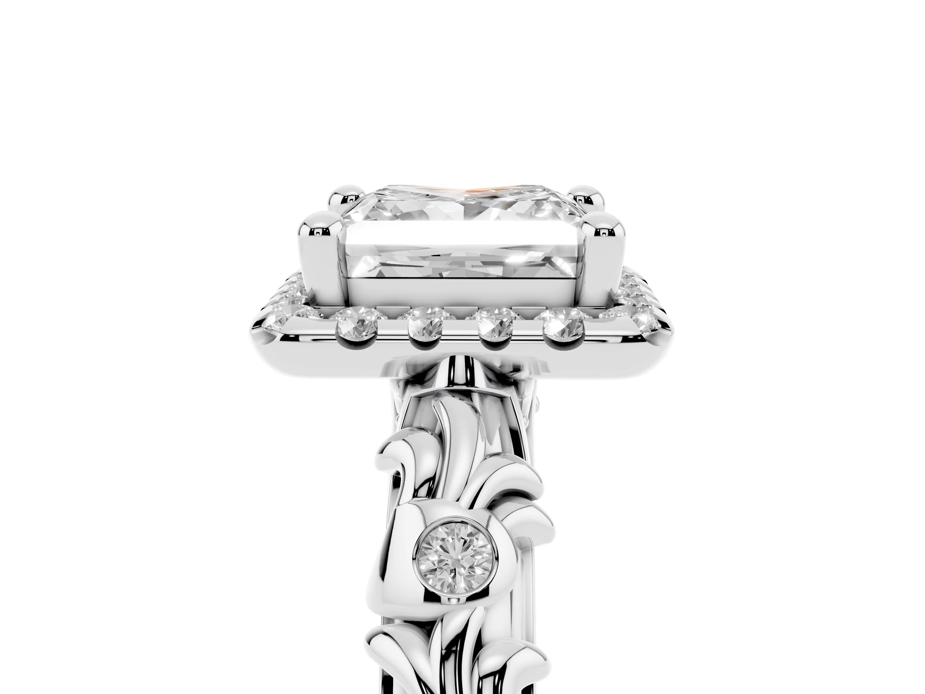 Princess Cut Diamond Halo Ring Set in Silver with Filigree Leaf Band and Prong Setting