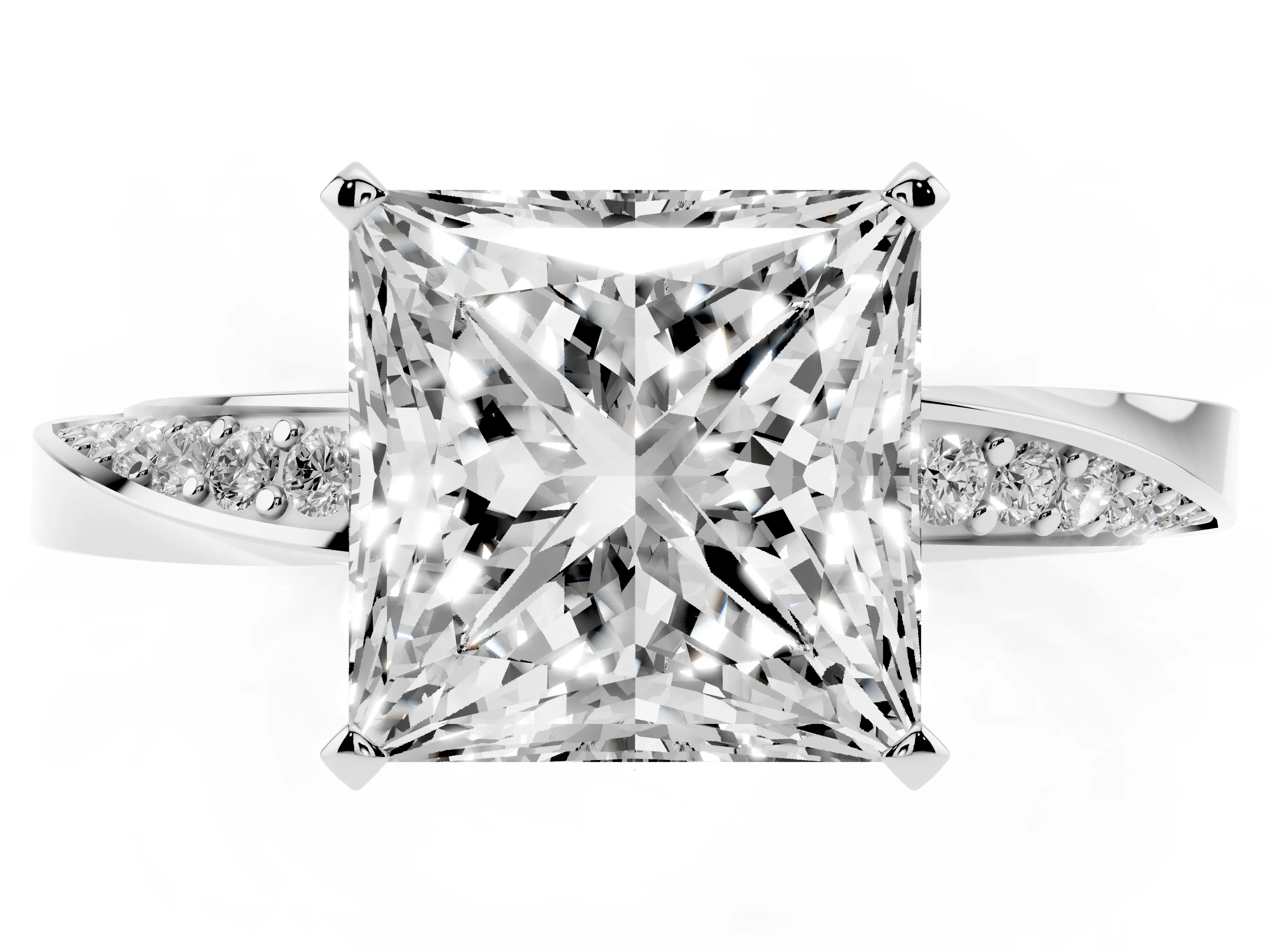 Princess Cut Diamond Engagement Ring Set in Silver with Side Stone Accents and Prong Setting