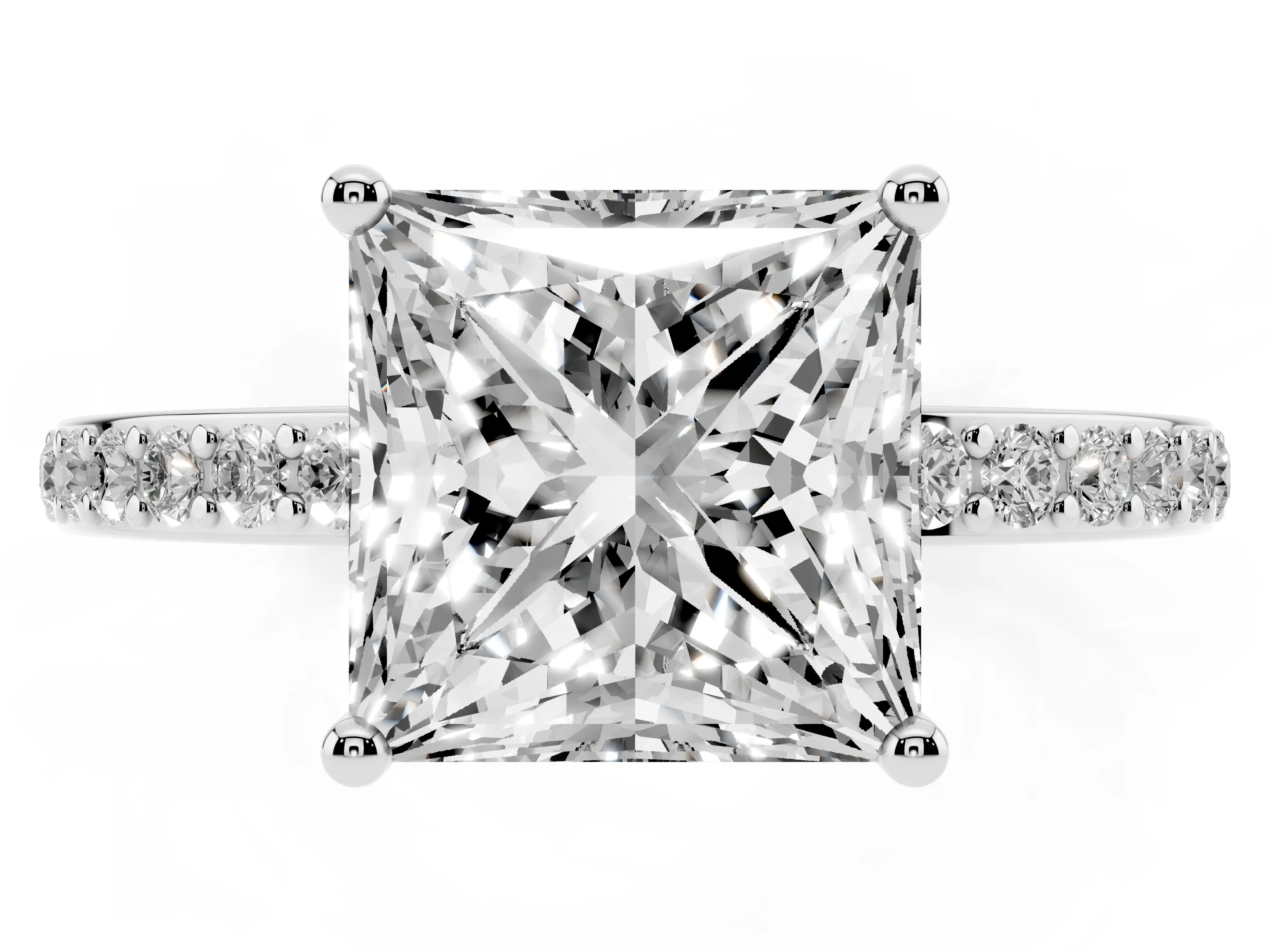Princess Cut Diamond Pavé Band Ring Set in White gold with Prong-Set Center Stone